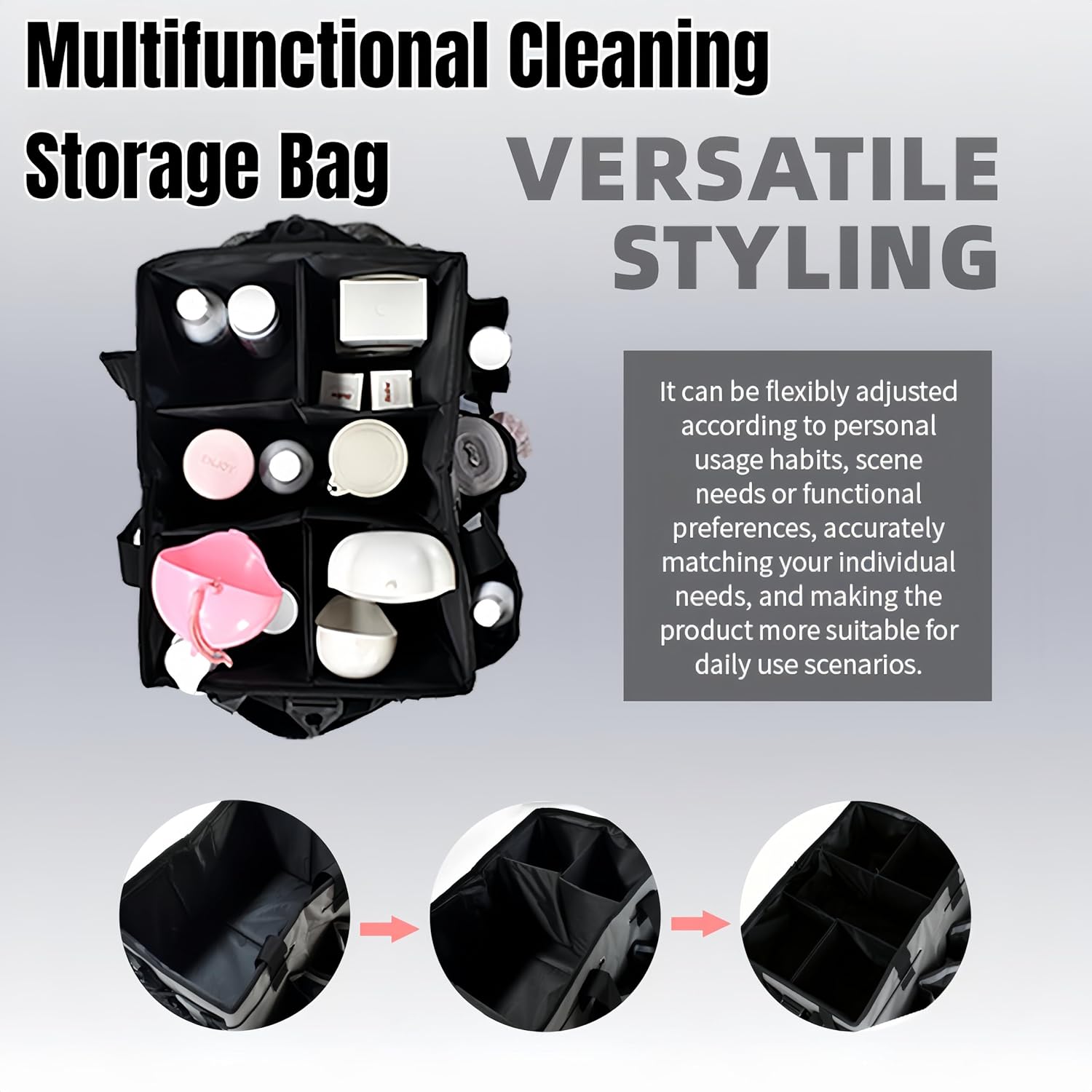 Multi - Purpose Cleaning Tool Organizer Tote Bag, Large Capacity with Adjustable Compartments, Portable Hand Strap & Adjustable Shoulder Strap for Cleaning, Gardening, Car Organization (Pink)