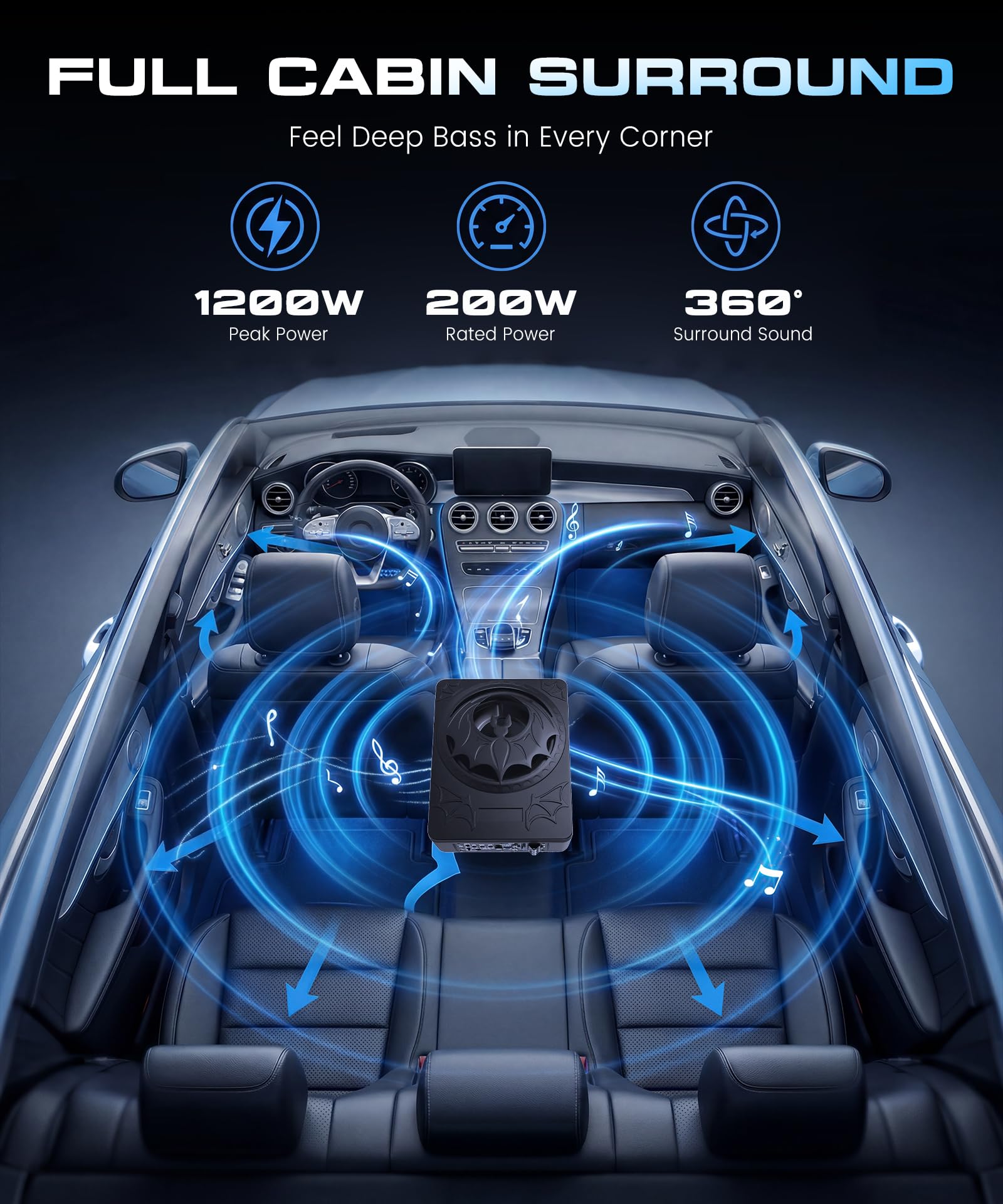 VECHTEL Subwoofer Auto Sottile 7 cm Sottosella, Subwoofer Attivo Potenza Picco 1200W con Suono Surround 360°, Regolazione Fase 180°, Filtro Passa Basso e Luce RGB Compatibile con Berlina SUV Pickup