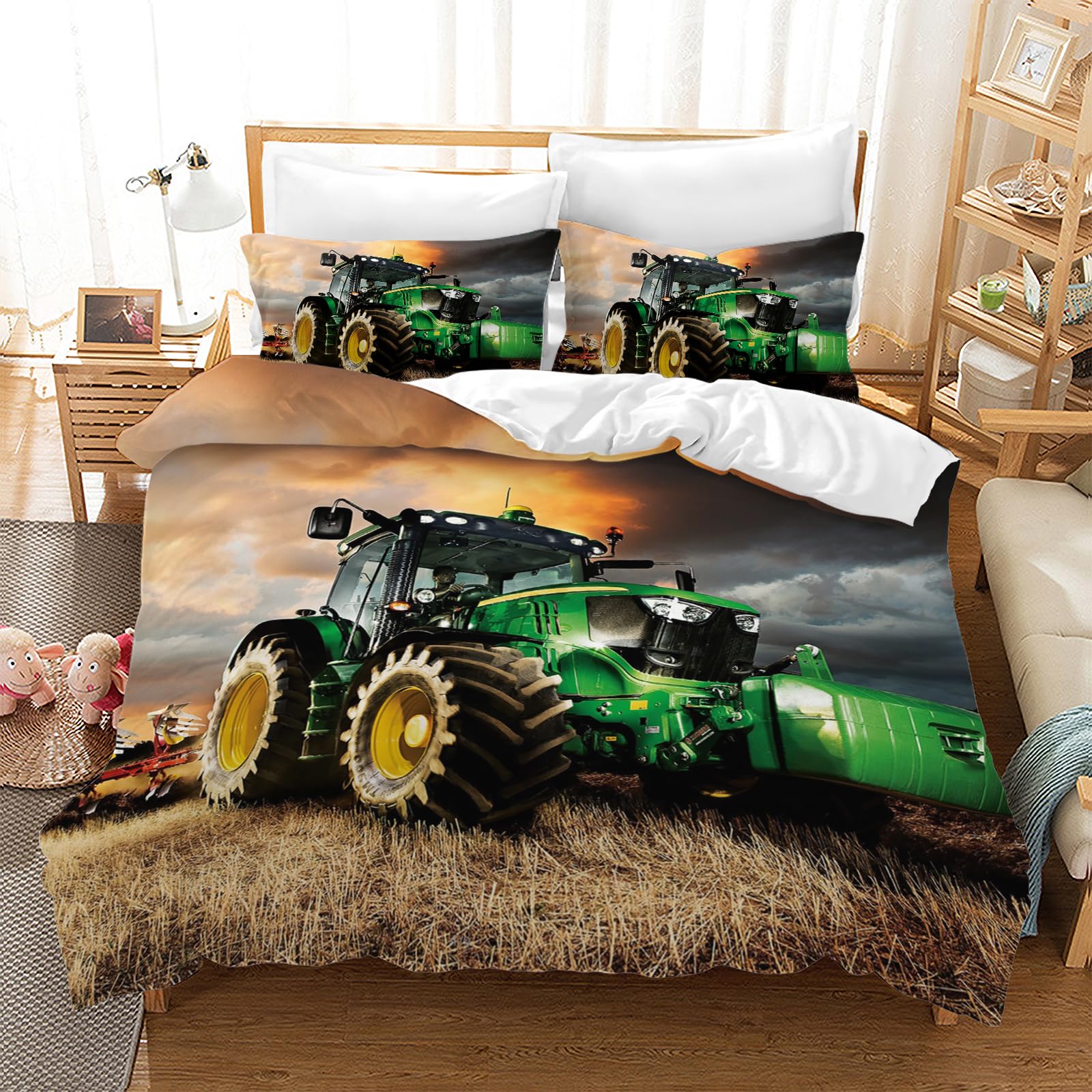 MIQEBX Green Tractor Duvet Cover Bedding Set Car Digger Tractor Duvet Cover with Zipper + 2 Pillowcases 50x75 cm (Green Tractor, Single)