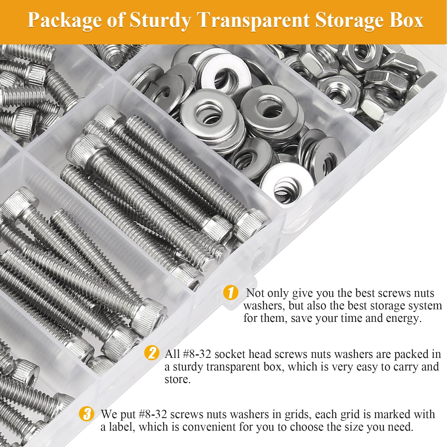 204 Pieces #8-32 x 1/4", 5/16", 3/8", 1/2", 5/8", 3/4", 1", 1-1/4", Hex Socket Head Cap Screws Nuts Washers Assortment Kit