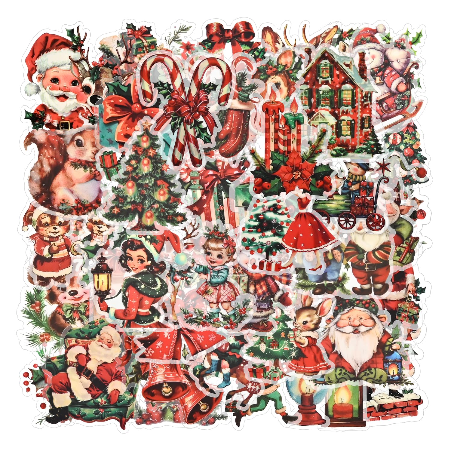 50er-Pack Weihnachtsaufkleber – Wasserfeste Aufkleber im Retro-Stil für Scrapbooks, Laptops und Weihnachtskarten