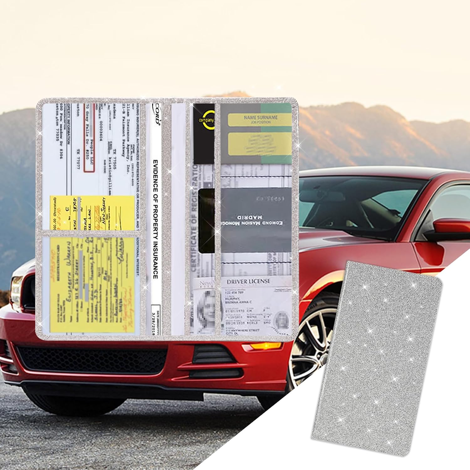 Car Registration and Insurance Holder with Magnetic Shut, PU Leather Car Glove Box Organizer Car Document Holder for ID, License, Universal Car Organizer Car Accessories for Women Men (Silver)
