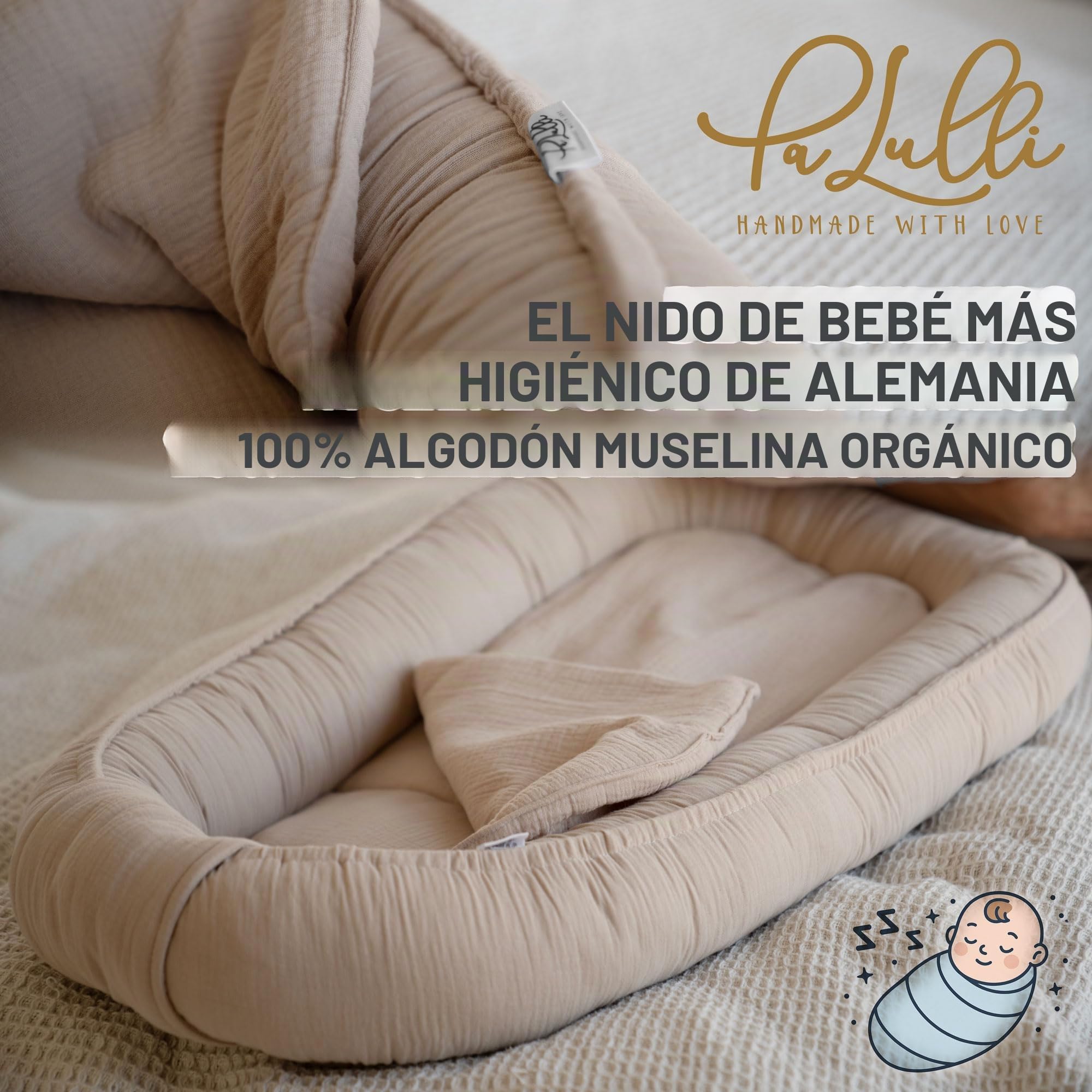 PaLulli® Nido de bebé 100x60cm – Suave nido de muselina con colchón | Nido para dormir, capullo, cuna de viaje para recién nacidos | 100% algodón (Beige)