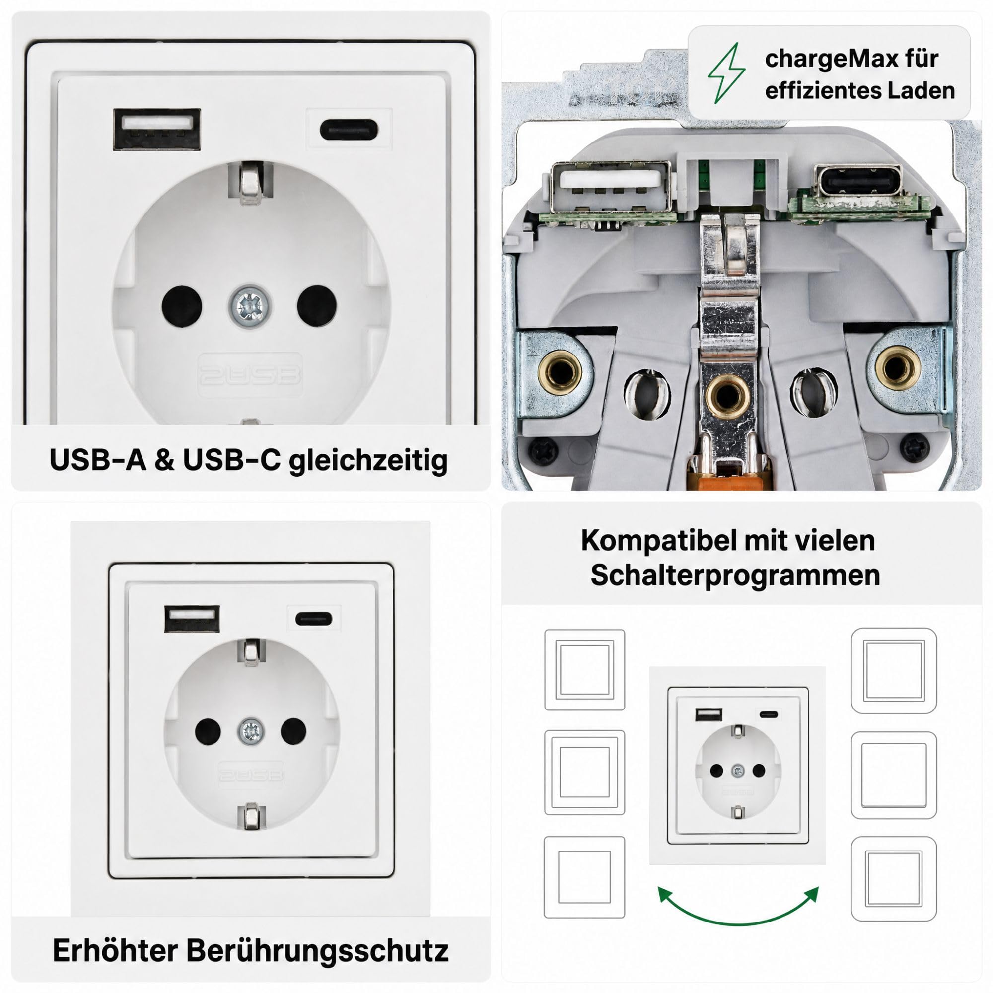 USB-Steckdose chargeMax unter Putz USB-A + USB-C mit Rahmen Ausführung 2USB, Tiefe nur 32mm, Set mit Abdeckung Busch Jaeger Future studioweiß glänzend