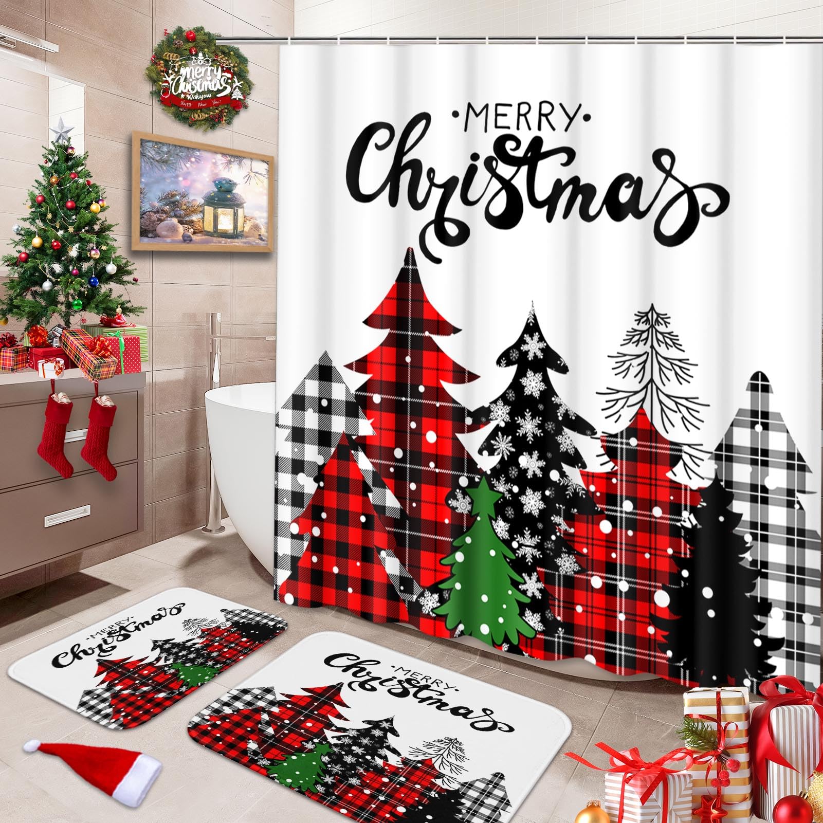 Cortina de ducha de Feliz Navidad con juego de alfombras antideslizantes