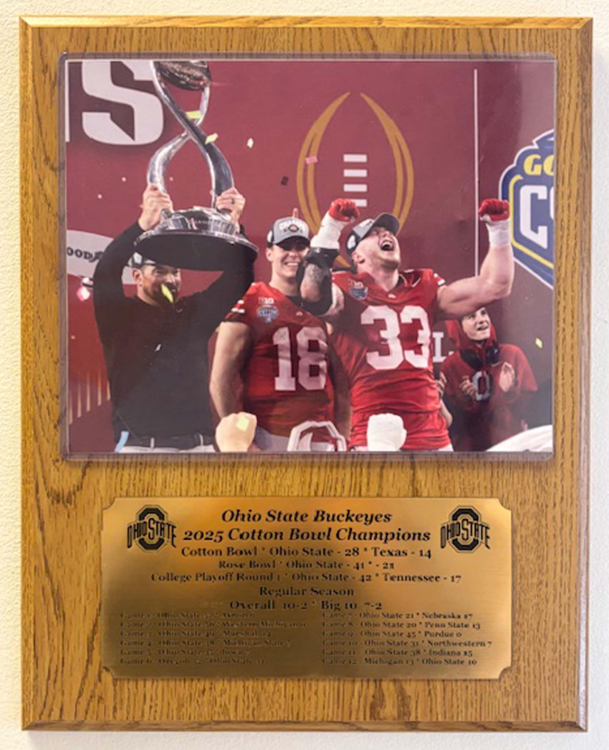 Ohio State 2025 Cotton Bowl Champions 8x10 Photo Plaque with an Engraved nameplate with The Season Results (Oak)