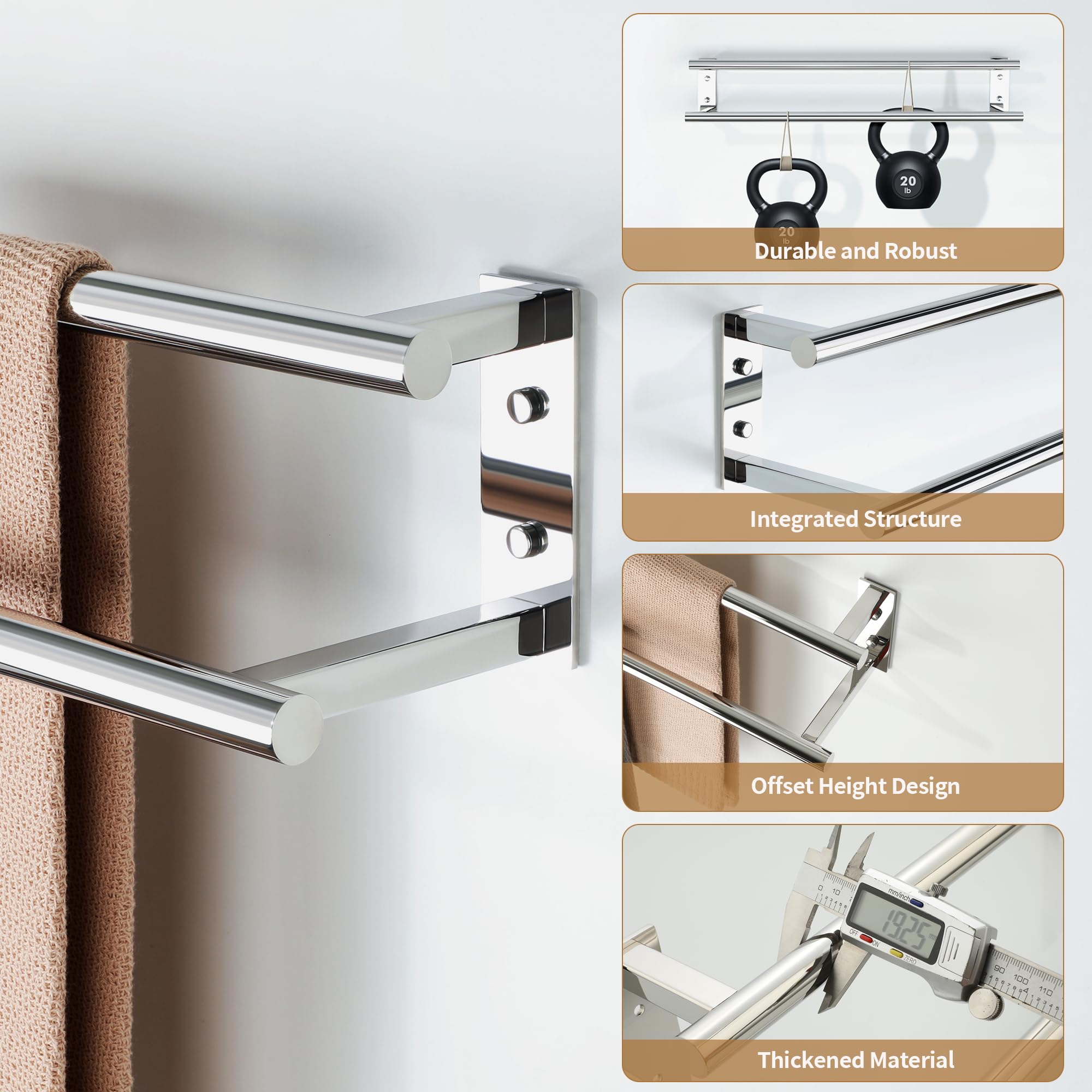 Mooche Porte Serviette Salle de Bain, Longueur 40 CM, Barres Porte-Serviettes Support Mural, en Acier Inoxydable, Porte Serviette de Bain Antirouille et Durable, Chrome