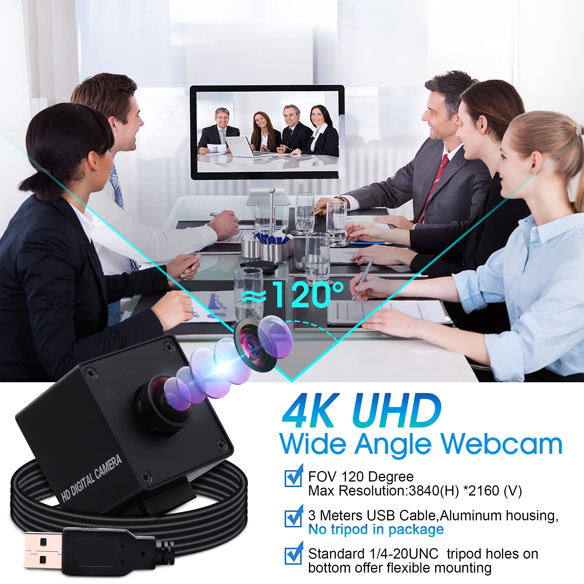 ELP Webcam 4K, Ultra HD, gran angular 30 fps, cámara web para PC, con objetivo de 170 grados, sensor IMX317, mini cámara UVC, cámara web OTG, para Mac/Windows/Linux/Raspberry Pi USB4KHDR01-KL170