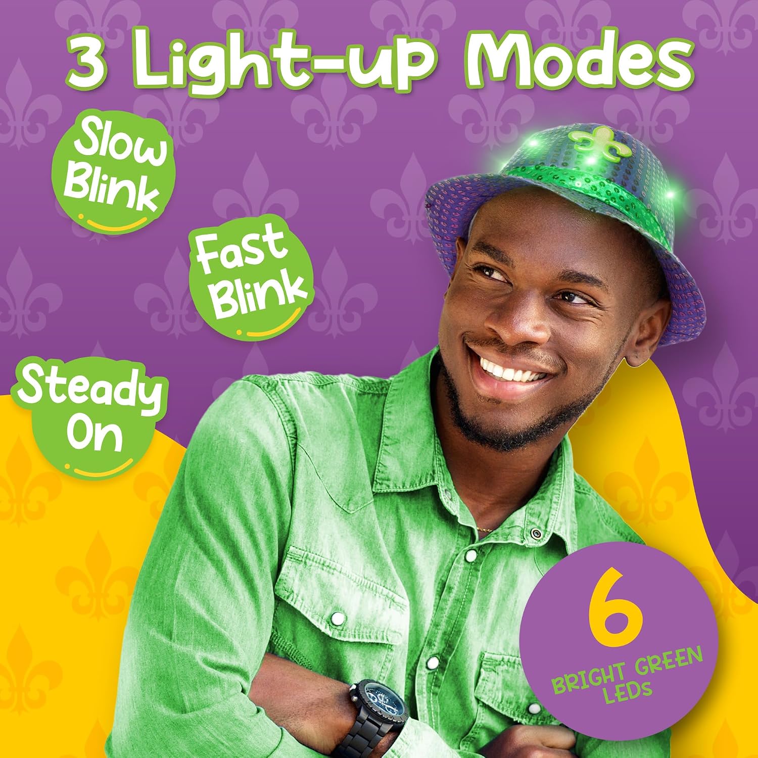 Windy City Novelties LED Light Up Sequin Fedora Hats - Unisex Mardi Gras Purple with Green LED's