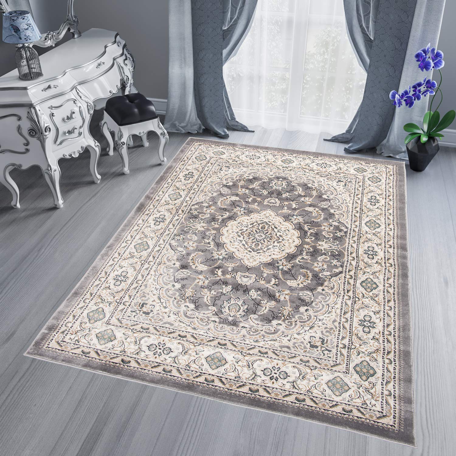 TAPISO Dubai Teppich Kurzflor Klassisch Orientalisch Creme Grau Floral Ornament Bordüre Design Wohnzimmer Schlafzimmer Meliert ÖKO-TEX 80 x 150 cm