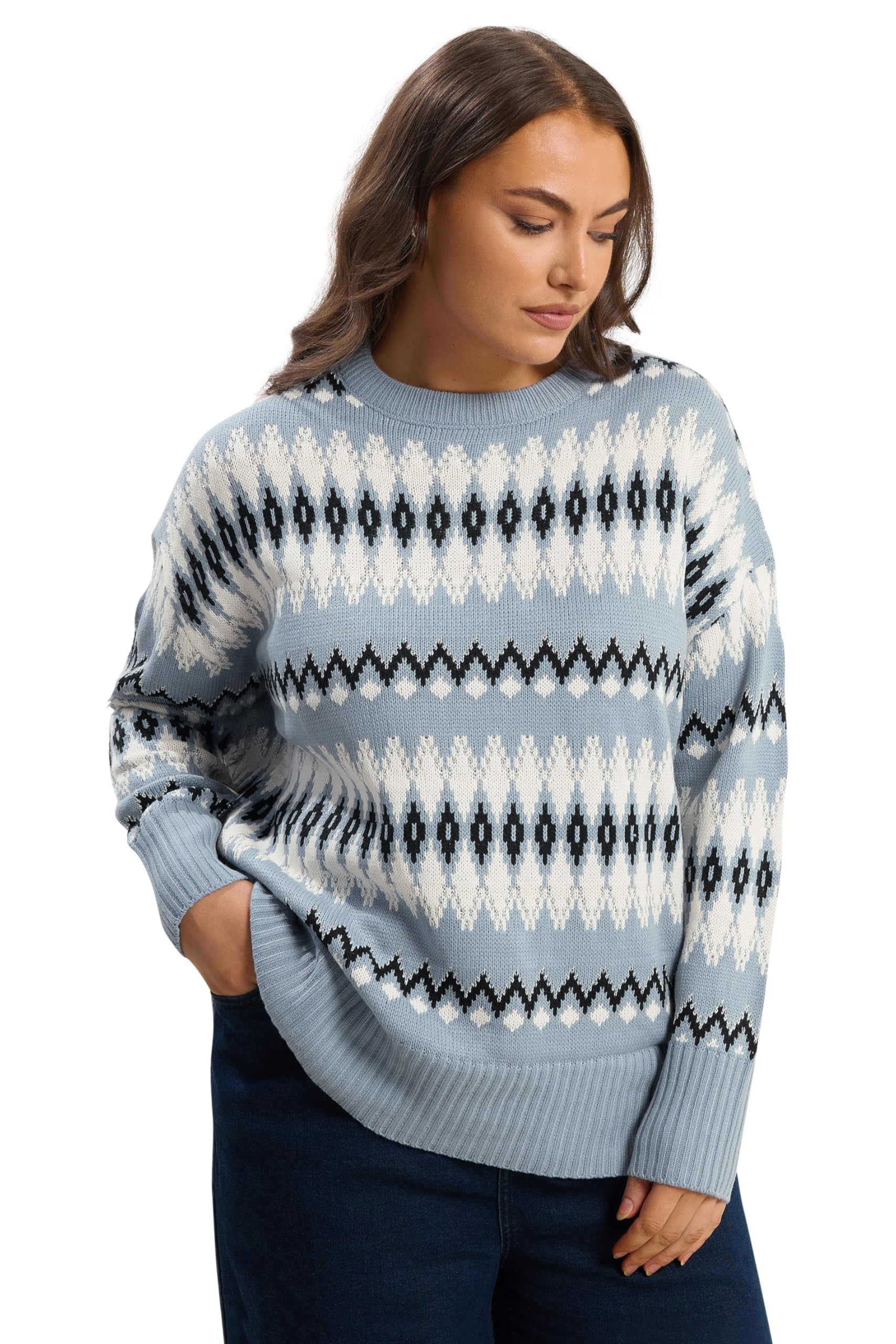 Yours Women's Blue Curve Fairisle Knitted Jumper - Plus Size Curve