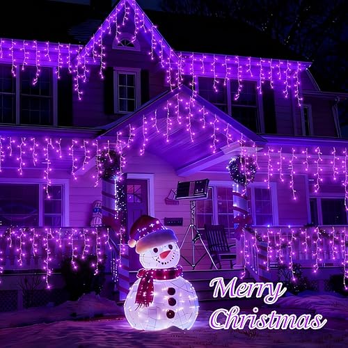 Miniatura 8 de QITONG Luces de Halloween moradas, 66 pies, 800 luces LED de carámbano para enchufe exterior e interior, 8 modos de cable transparente conectables