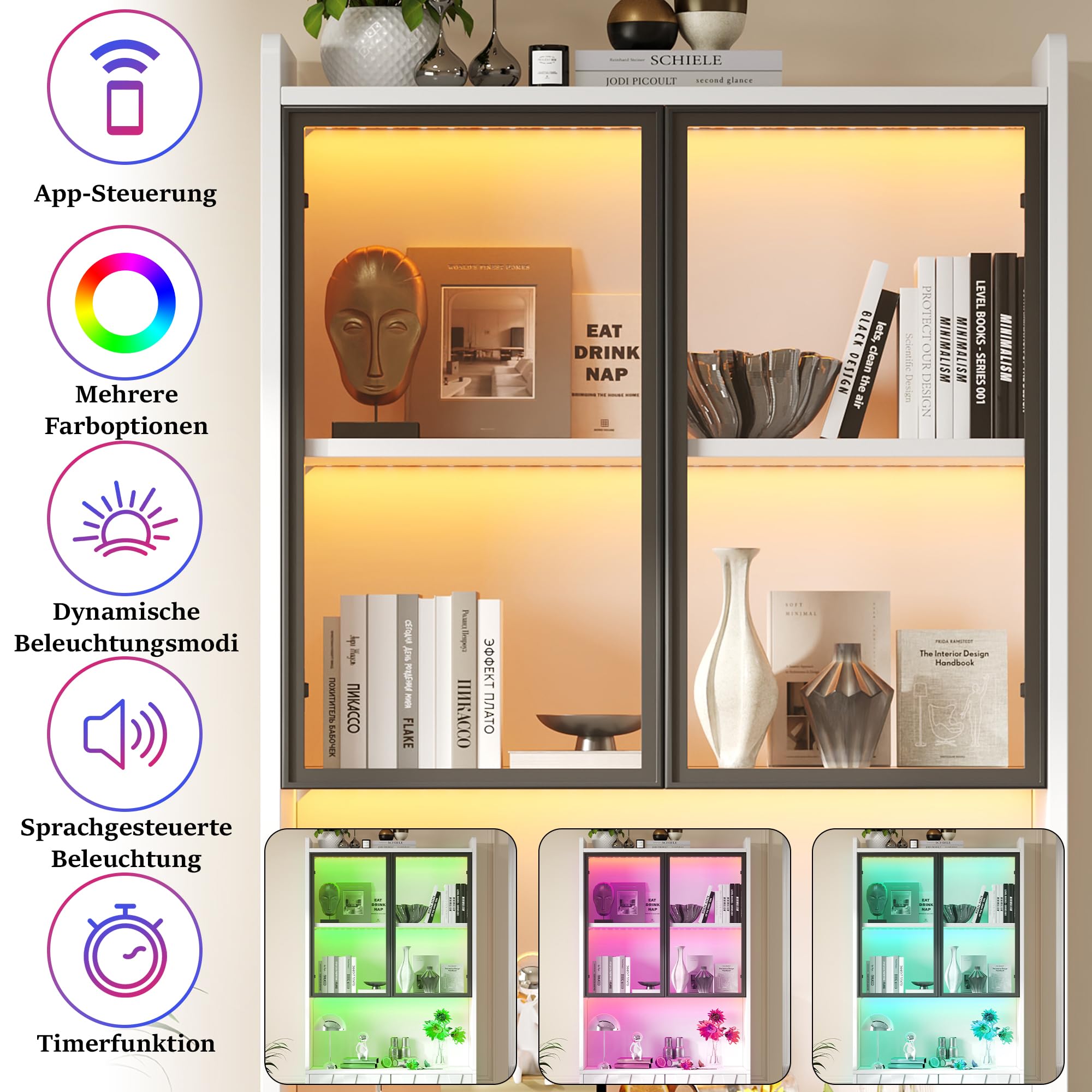 Vitrina LED de 80 x 35 x 200 cm, armario alto con puertas de cristal, armario alto de cristal con LED y partición abierta, armario de salón con puertas de cristal, cocina, estudio, entrada