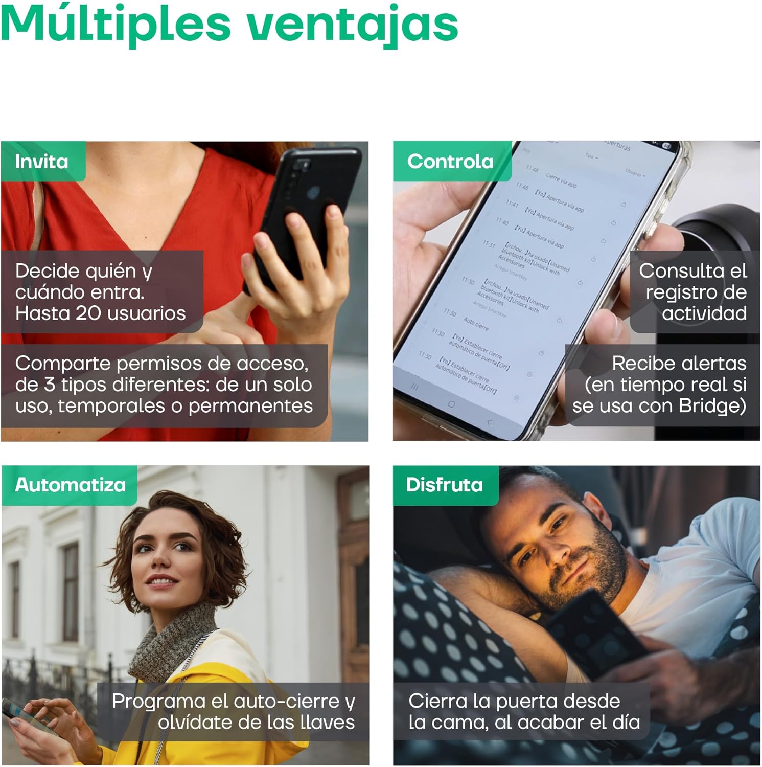 Infografická ukázkaasing multiple advantages of the Arregui Spin lock: inviting users, controlling access logs, automating auto-close, and enjoying remote locking from bed.