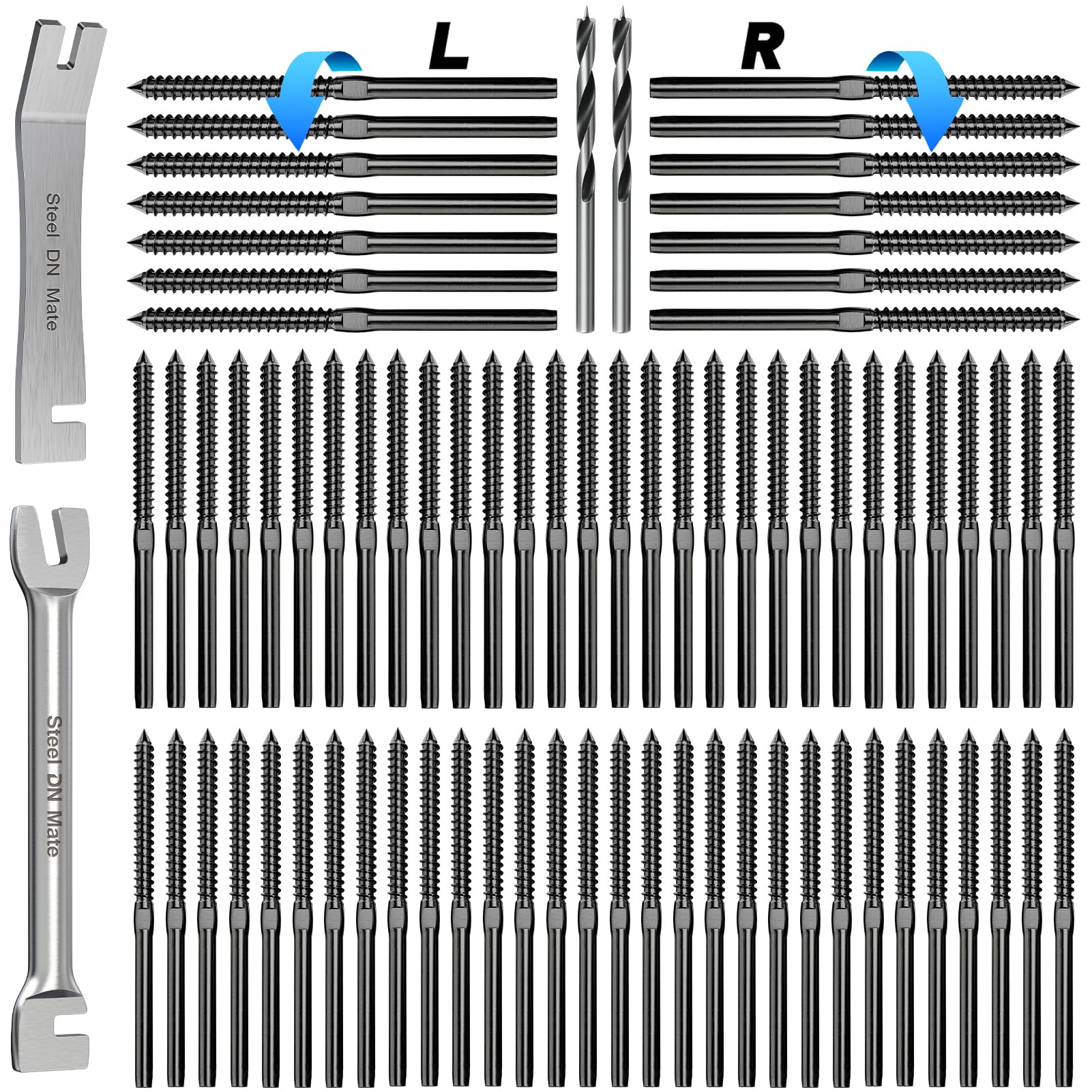 Steel DN Mate 100 Packs T316 Stainless Steel Left&Right Handed Thread Swage Lag Screws Black for Wood Post of 1/8" Deck Cable Railing Kit,Stair Railing, DIY Baluster Hardware, Wrench Included