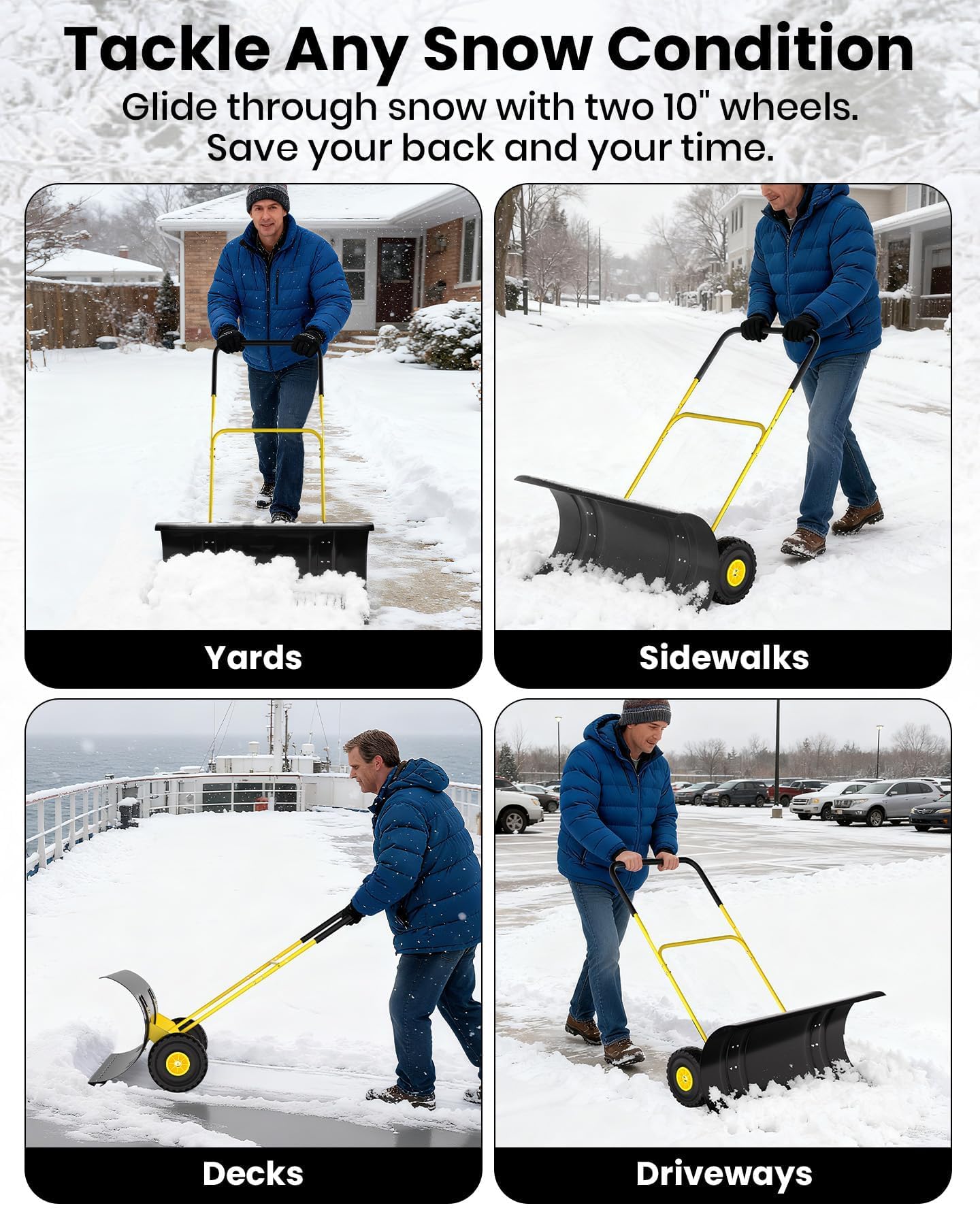 Garvee Pala Quitanieves con Ruedas de Acero al Carbono Empujador de Nieve Manual de Alta Resistencia Doble Mango Ergonómico para Calzadas y Patios Retirada Eficiente Hielo, 91.4 cm, Amarillo