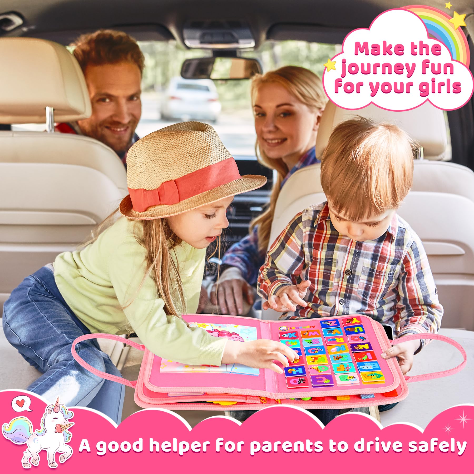 Gontence Busy Board per Bambini | Giochi Montessori per 2 3 4 5 Anni Tavola Sensoriali per Giocattoli attività Giocattolo Educativo per Apprendere Le Abilità di Base della Vita Unicorno, Rosa