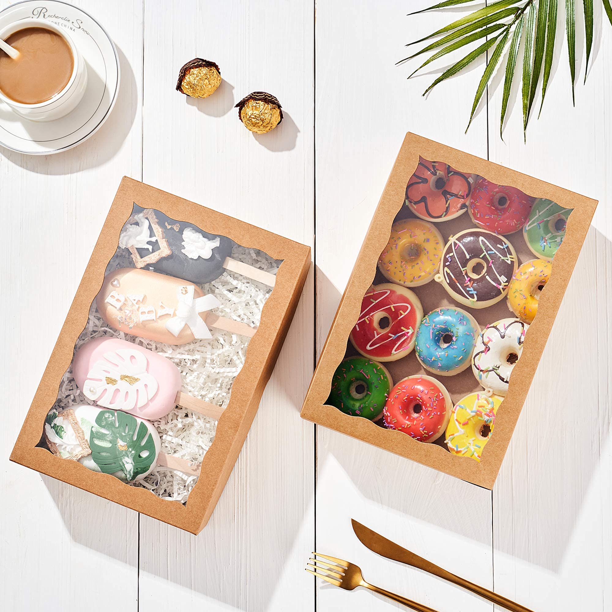48 cajas de panadería premium de 25,4 x 17,8 x 6,3 cm, para cajas de galletas, cajas de fresas con ventana transparente, caja de papel kraft natural marrón