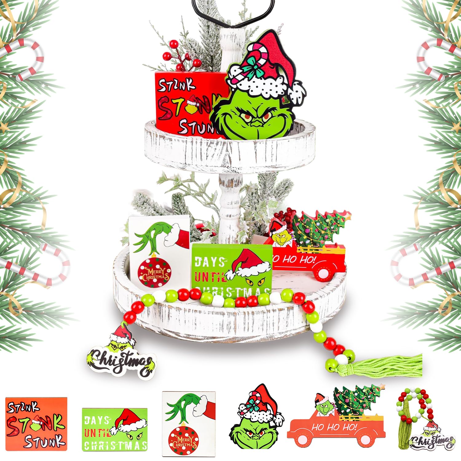 Grinch Bandeja Escalonada, 6 piezas Grinch decoración de bandeja escalonada, Grinch juego de decoraciones de bandeja, Grinch decoración navideña en bandejas escalonadas, para hogar, cocina, fiesta