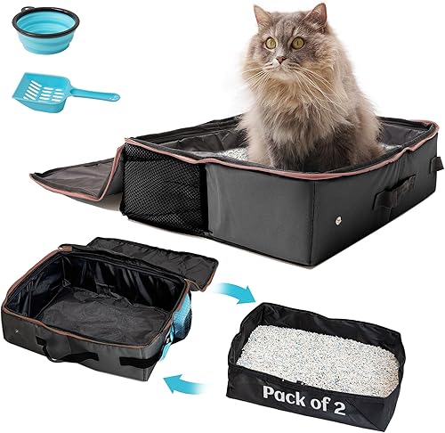 PETKARAY Caja de arena portátil de viaje con 2 forros de repuesto, plegable con tapa con cremallera, a prueba de fugas y control de olores para Negro