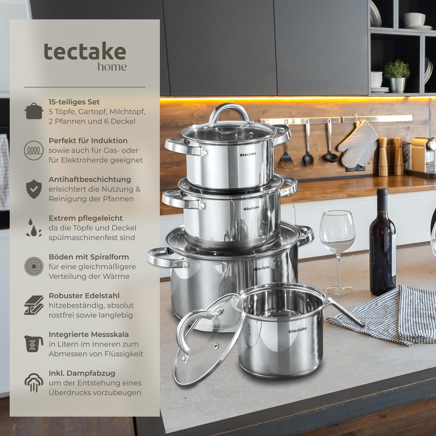 tectake® 15-tlg. Topfset, Edelstahl Kochgeschirr, Bratpfanne und Töpfe Set mit Deckel, Kochtopf Set für Induktionskochfeld, Gas- und Elektroherd geeignet, Topfsets für Camping und Wohnung, Küchensets