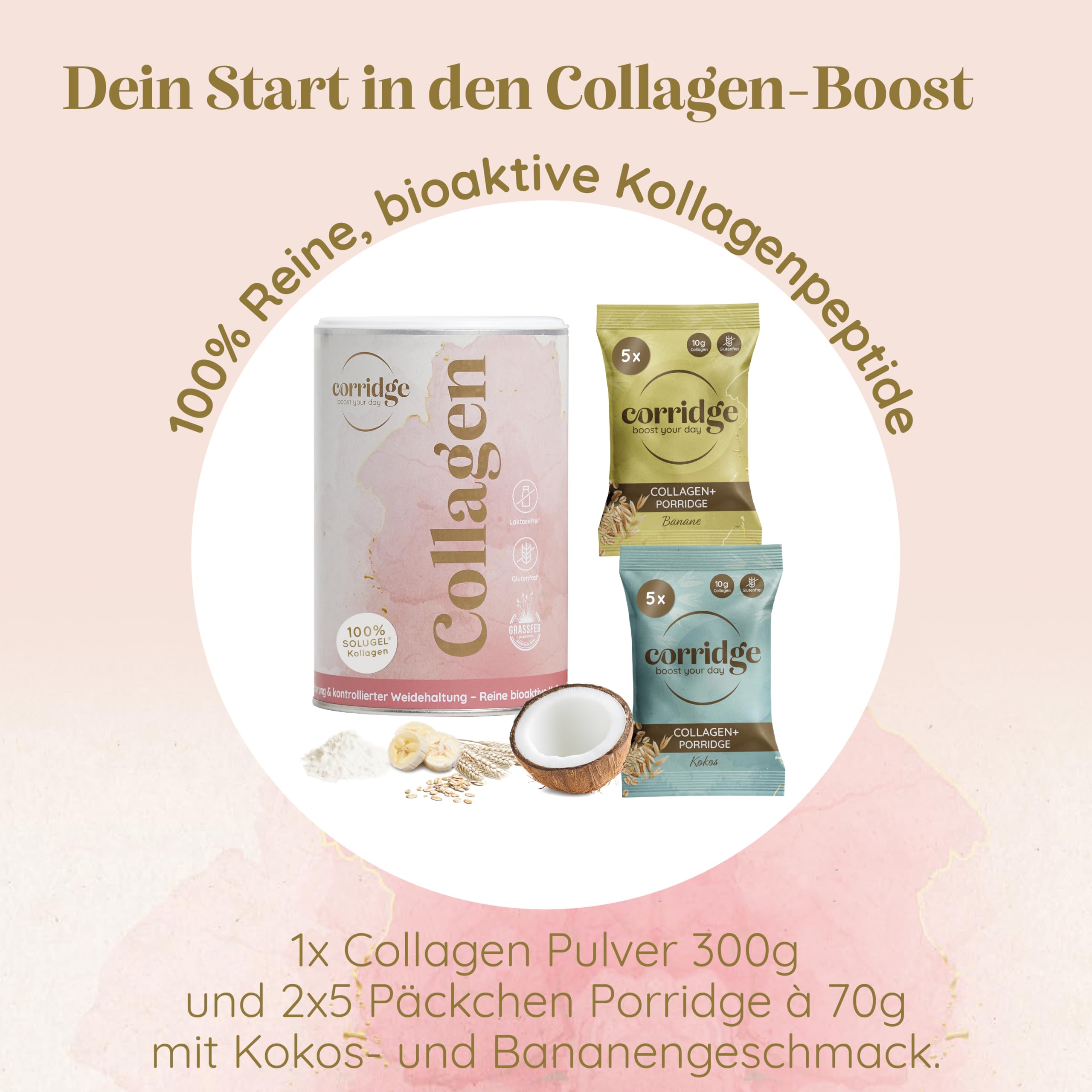 Probierpaket High Protein Porridge & Collagen Pulver - Haferflocken mit Kokos & Bananengeschmack - Bioaktives Collagenpulver leicht löslich - Typ I & III Kollagen für Haut Haare & Gelenke