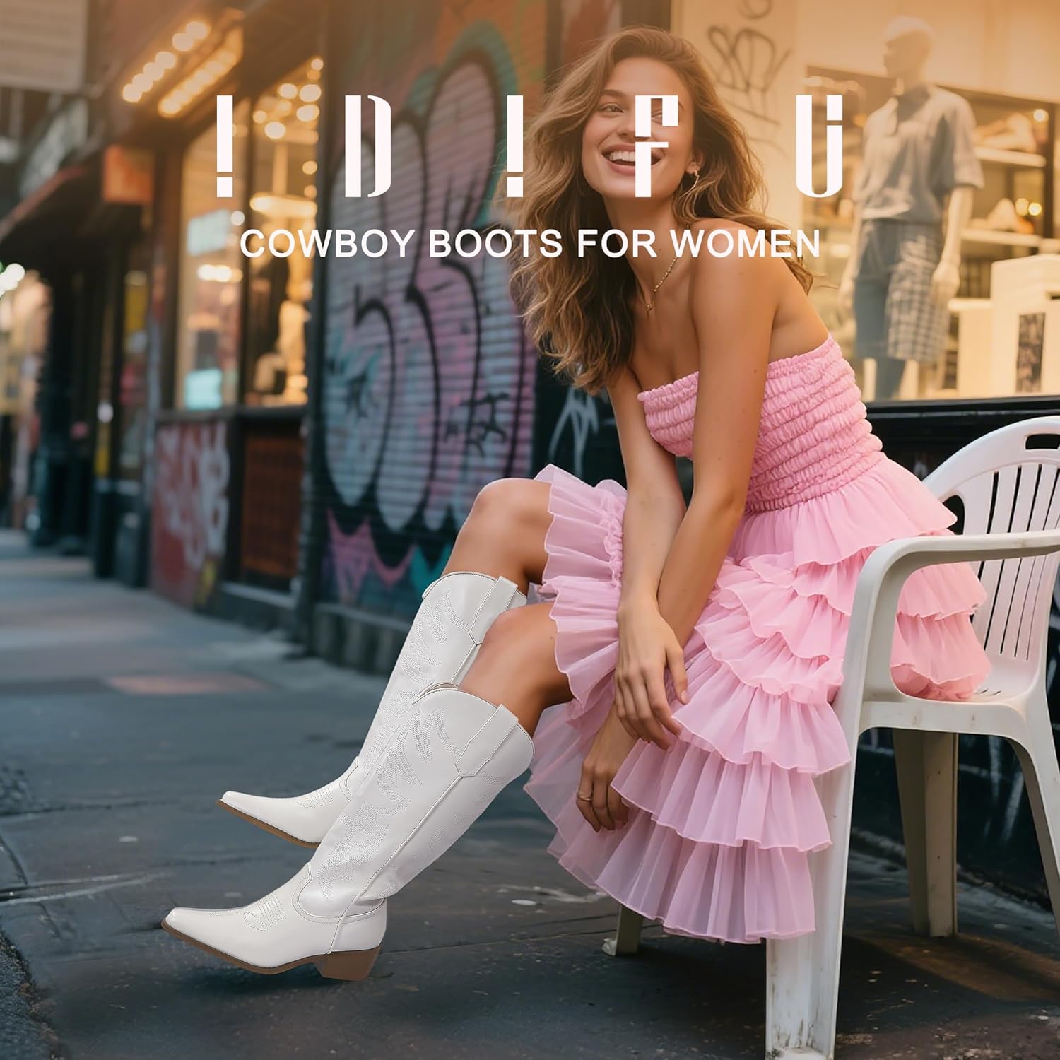 IDIFU IN2 Cowboy Boots for Women Knee High Cowgirl Western Boot Wide Calf Pointed Toe Embroidered Chunky Low Heel Country Boot with Side Zipper Comfortable Classic Retro Dress Boots