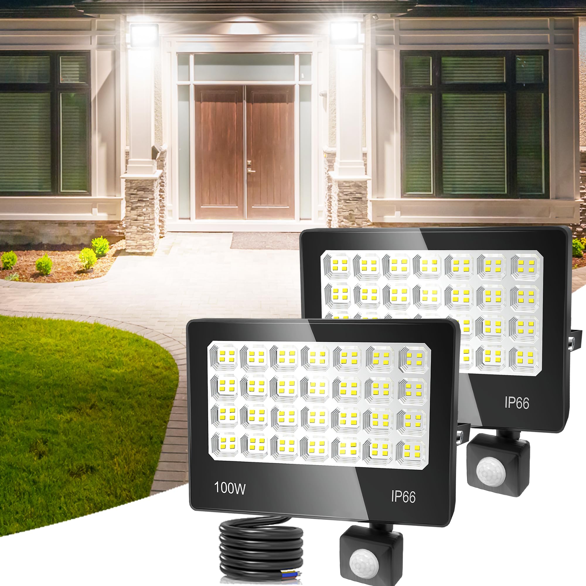 ANNIFUNLY LED Strahler mit Bewegungsmelder Außen 2 Stück, 100W 10000LM Superhell Außenstrahler 6500K Kaltweiß LED Fluter Aussenleuchte IP66 Wasserdicht Scheinwerfer für Garage Garten Innenhöfe