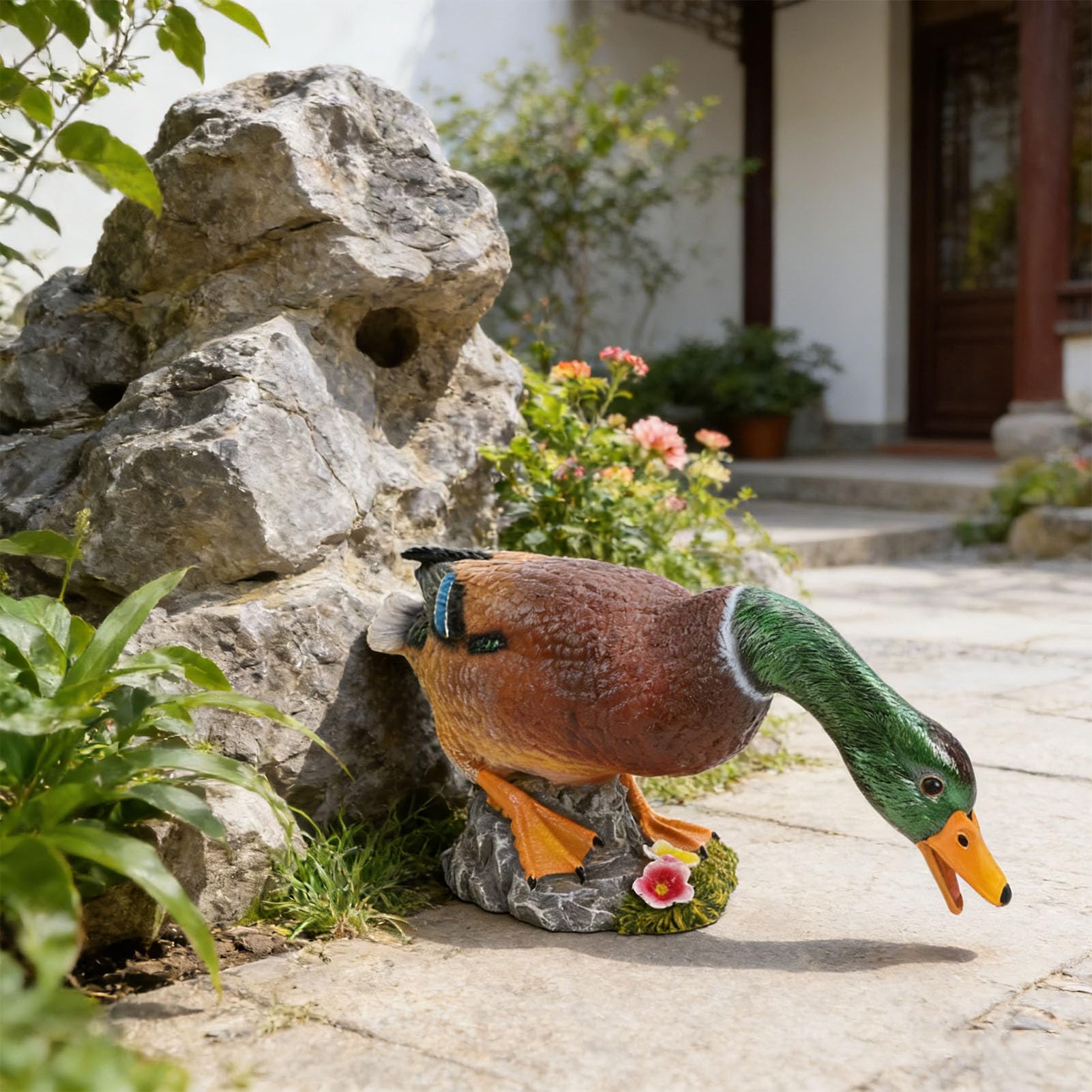 Haofy Statua di Anatra Germano Reale Dipinta a Mano in Resina, Anatra a Testa in giù, Statuina in Cerca di Cibo, Scultura Animale per Giardino, Patio Esterno, Decorazione per Prat