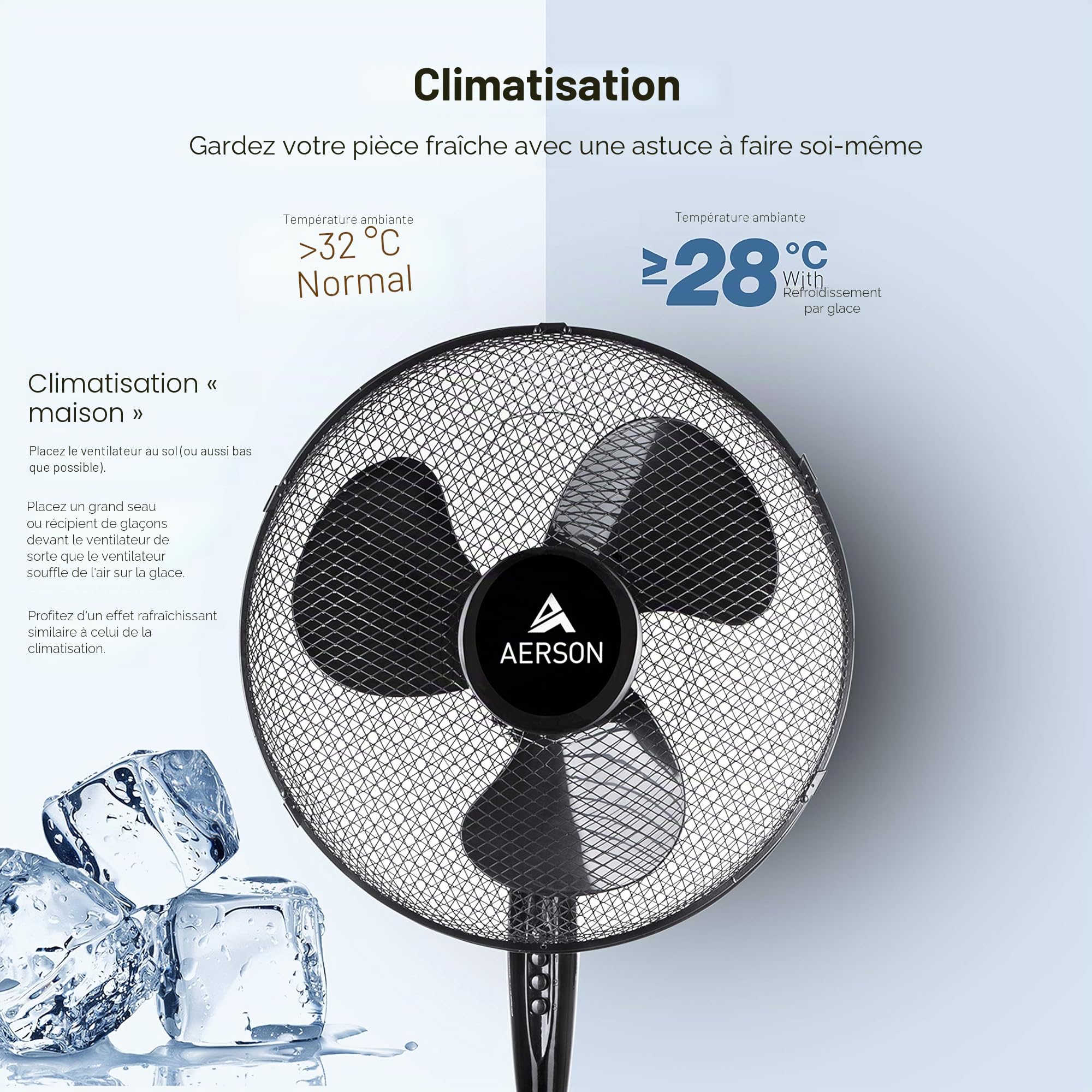 AERSON Ventilateur sur pied 40 cm | Ventilateur réglable en hauteur jusqu'à 120 cm | Débit d'air élevé et très silencieux | Éolienne avec 3 vitesses | Fonction d'oscillation env. 80°