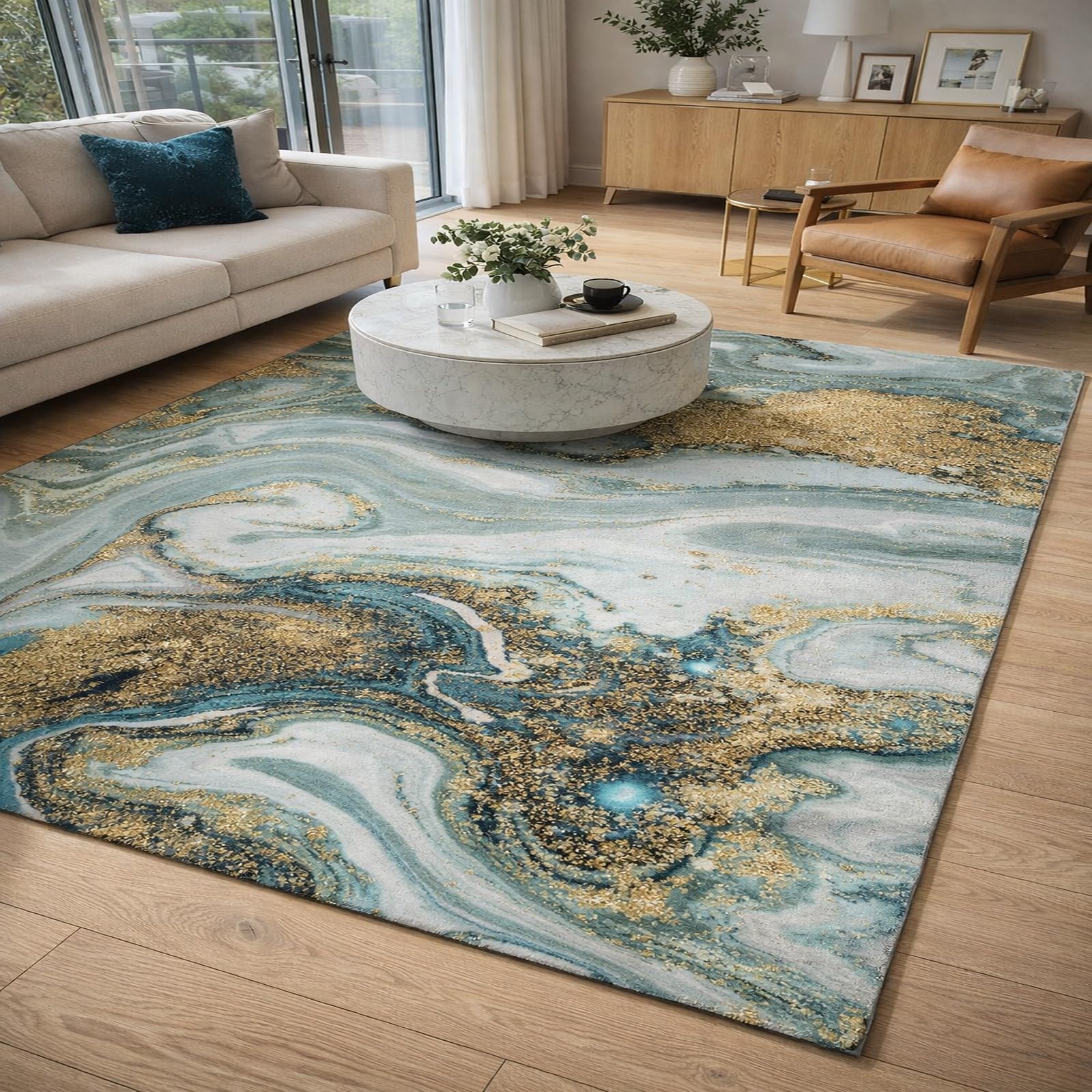 Tapis grand salon abstrait jaune et gris 200x250 cm au design artistique élégant