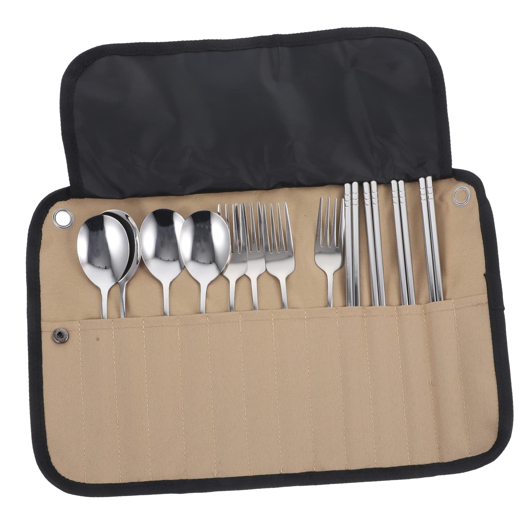 Set Utensili da Campeggio Borsa, Metallo Inossidabile e Nailon, Posate Portatili per Escursioni, Cucina Esterna, Trekking e Picnic