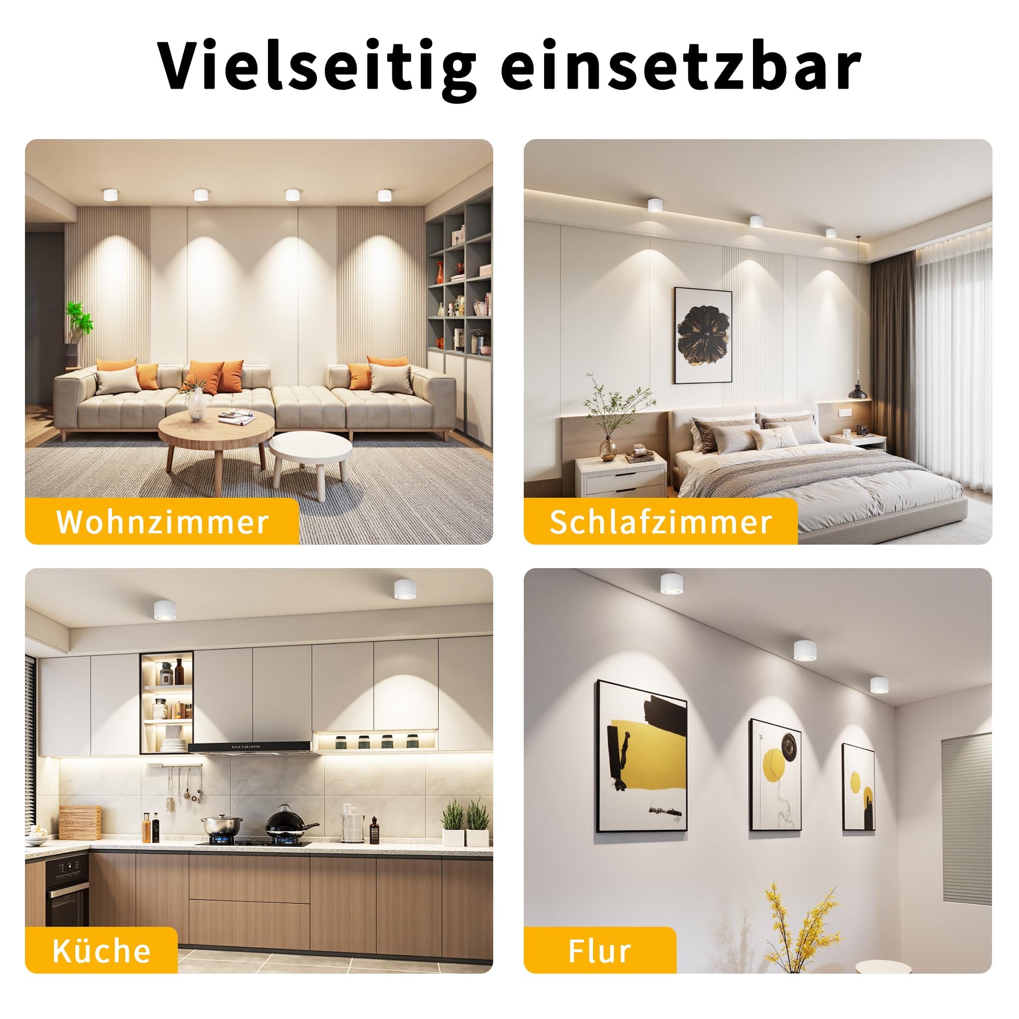 4x LED Aufbauspots Dimmbar 230V – 3 Farbtemperaturen 2700K/4000K/5700K – Extra Flach Ø80×50mm, 30° Schwenkbar, inkl. 5W LED Modul – Aufputz Deckenspots Weiß
