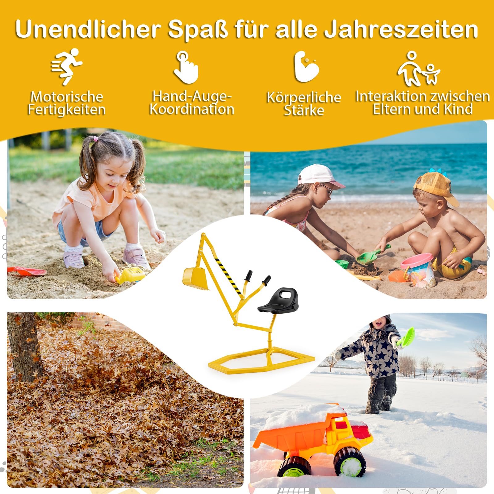 DREAMADE Kinder Bagger für Sandkasten, Metall-Aufsitzbagger mit 360° drehbarem Sitz, Flexibler Schaufel, für Erde, Schnee, Strand, Bagger zum draufsitzen für Kinder ab 3 Jahren (Gelb)