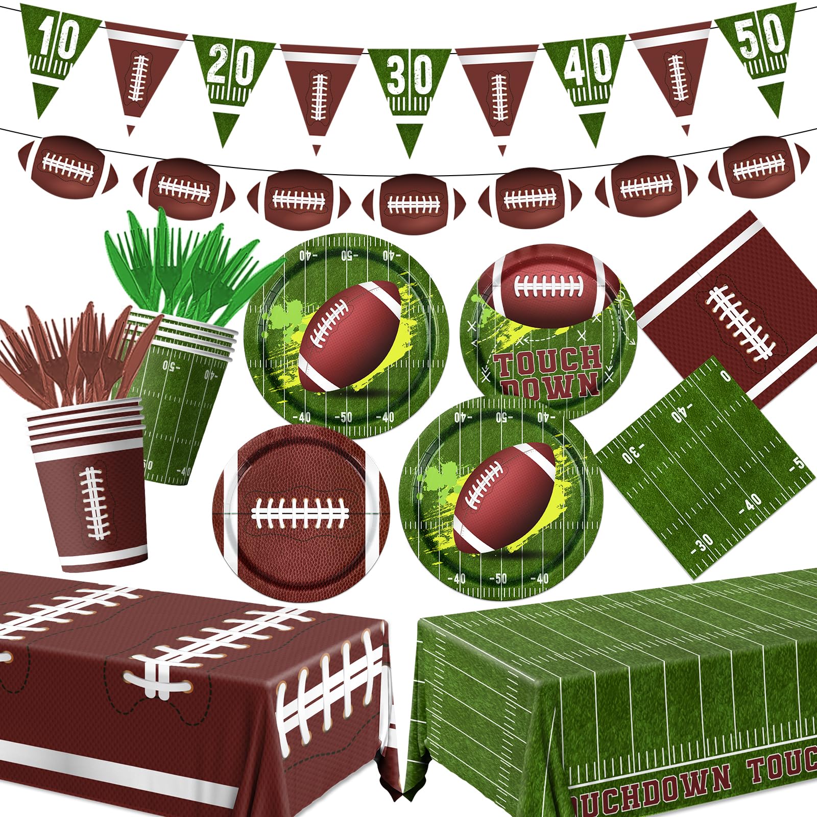 178Pcs Football Party Supplies Tableware Kit Serve 25, Football Party Paper Plates Napkins Touchdown Tablecloth Cups Banner Fork knives for Birthday