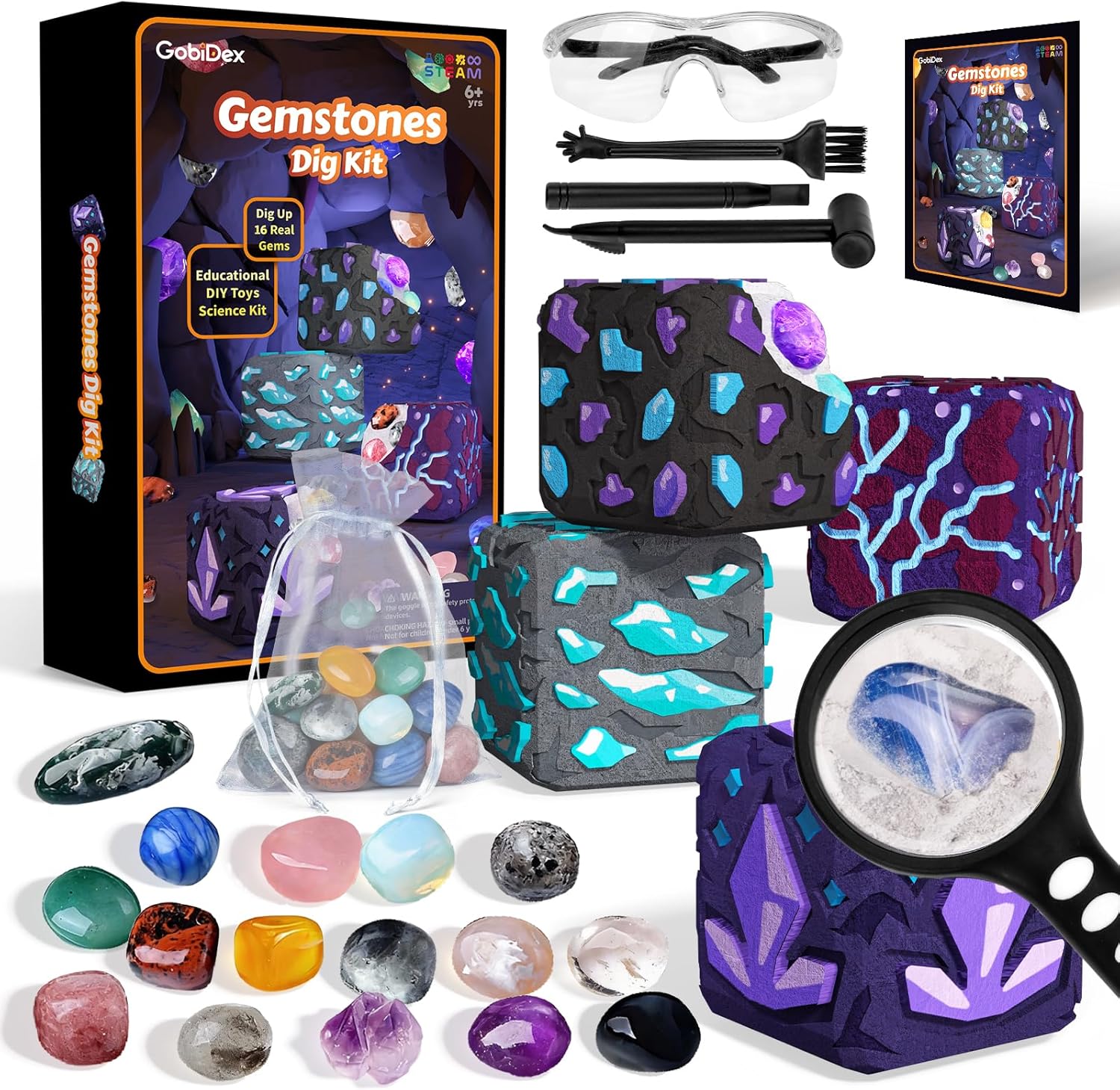 GobiDex Gemstones Dig Kit for Kids, Excavate 16 Real Gemstones, STEM Science Toy, Archaeology & Geology Science Gift for Boys and Girls Age 6+