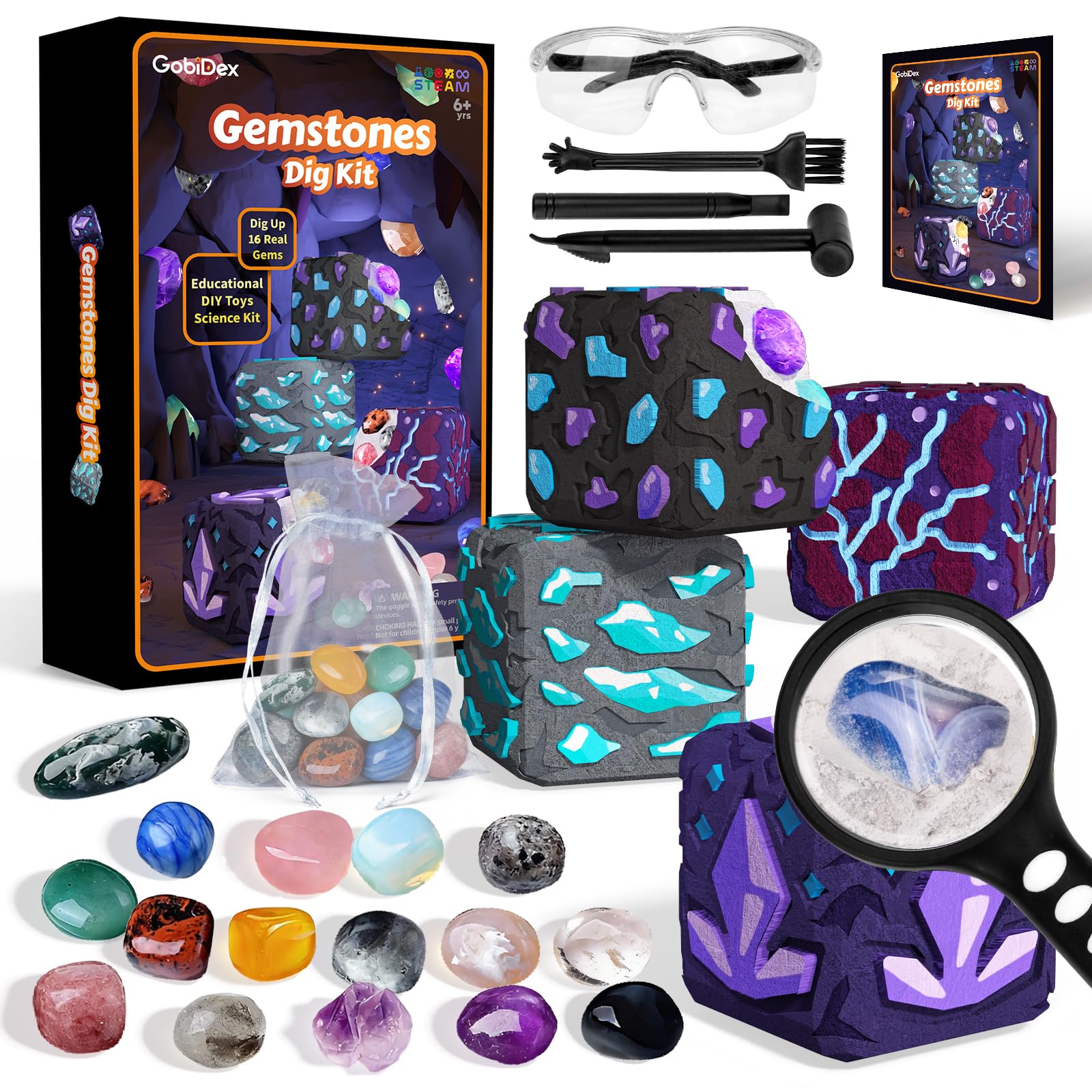 Gemstones Dig Kit for Kids Ages 6-12, Excavate 16 Real Gemstones