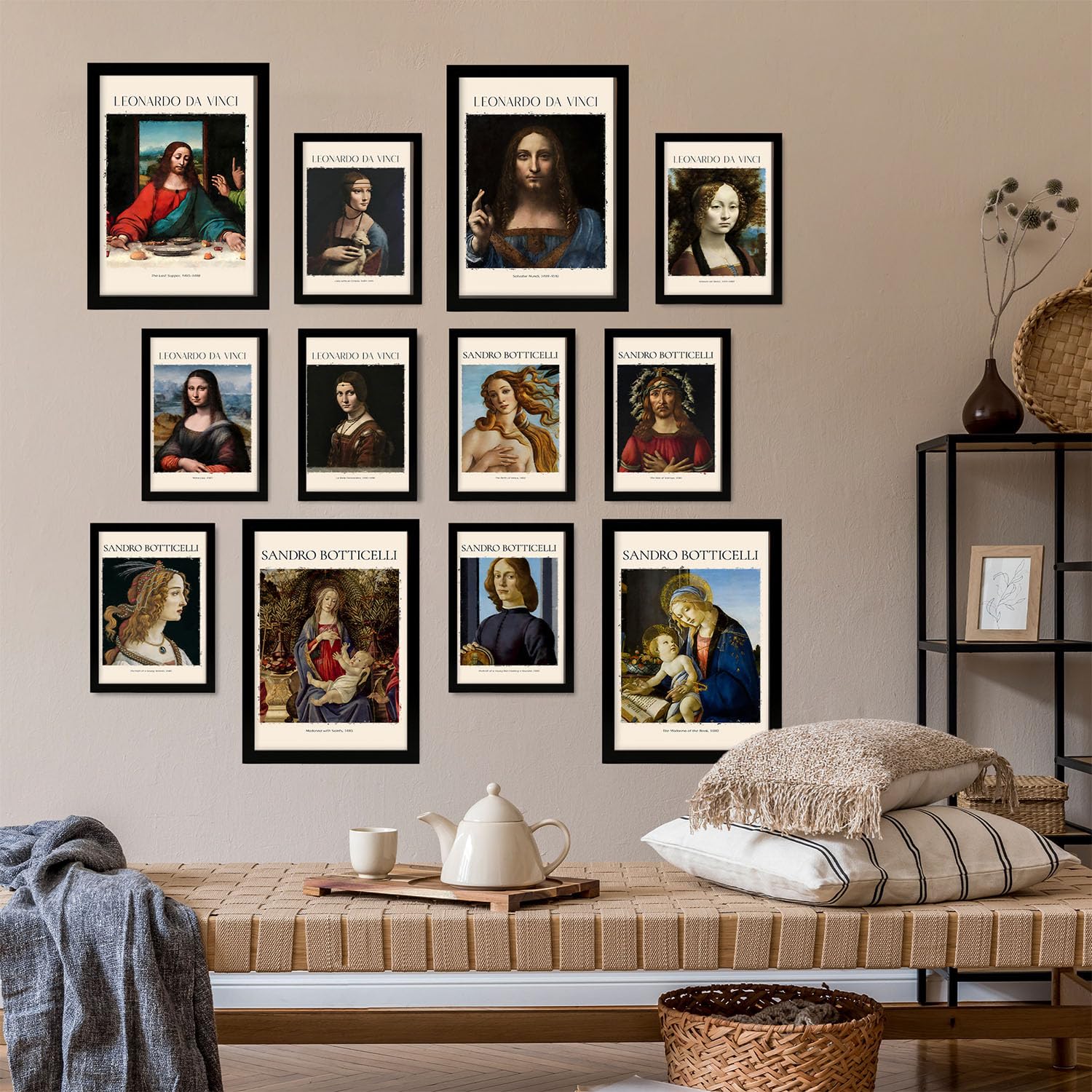 Nacnic Set di 12 stampe d'arte esclusive: capolavori di Botticelli e Da Vinci | Collezione di famosi pittori | Cornici nere | Formati A3 e A4 Poster d'arte per decorare le pareti