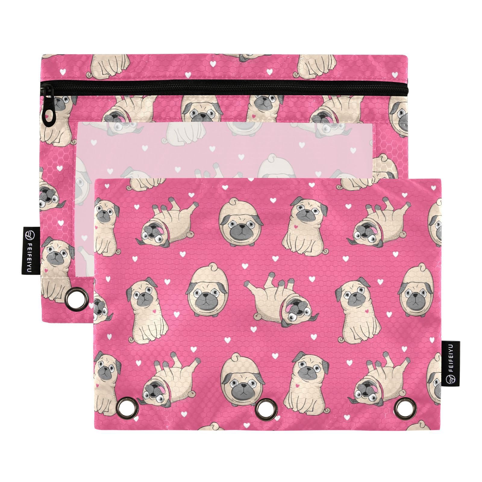ALAZA Pencil Pouch for 3 Ring Binder, Pug Dog Animal Heart Pink Binder Pencil Pouches with Clear Window Zipper Pencil Case Cosmetic Bags for Office College Supplies, 2PCS