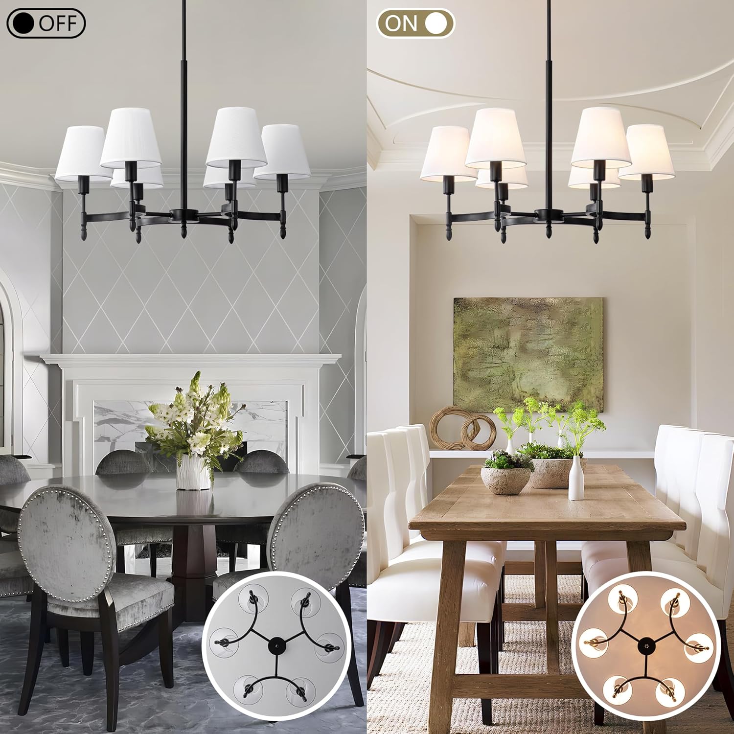 27'' Black Farmhouse Chandelier with White Fabric Shade 6-Light Modern Chandelier for Dining Room Large Adjustable Rustic Pendant Lighting Fixture for Kitchen Living Room Bedroom Foyer