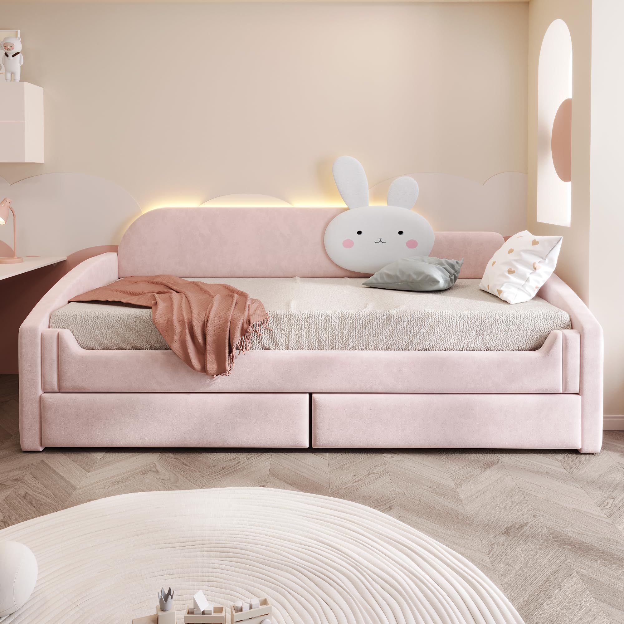 Sofá cama infantil de 90 x 200 cm con dos cajones debajo de la cama, respaldo con cojín para conejos, reposabrazos acolchados, cama para niños y niñas, tela de terciopelo, color rosa