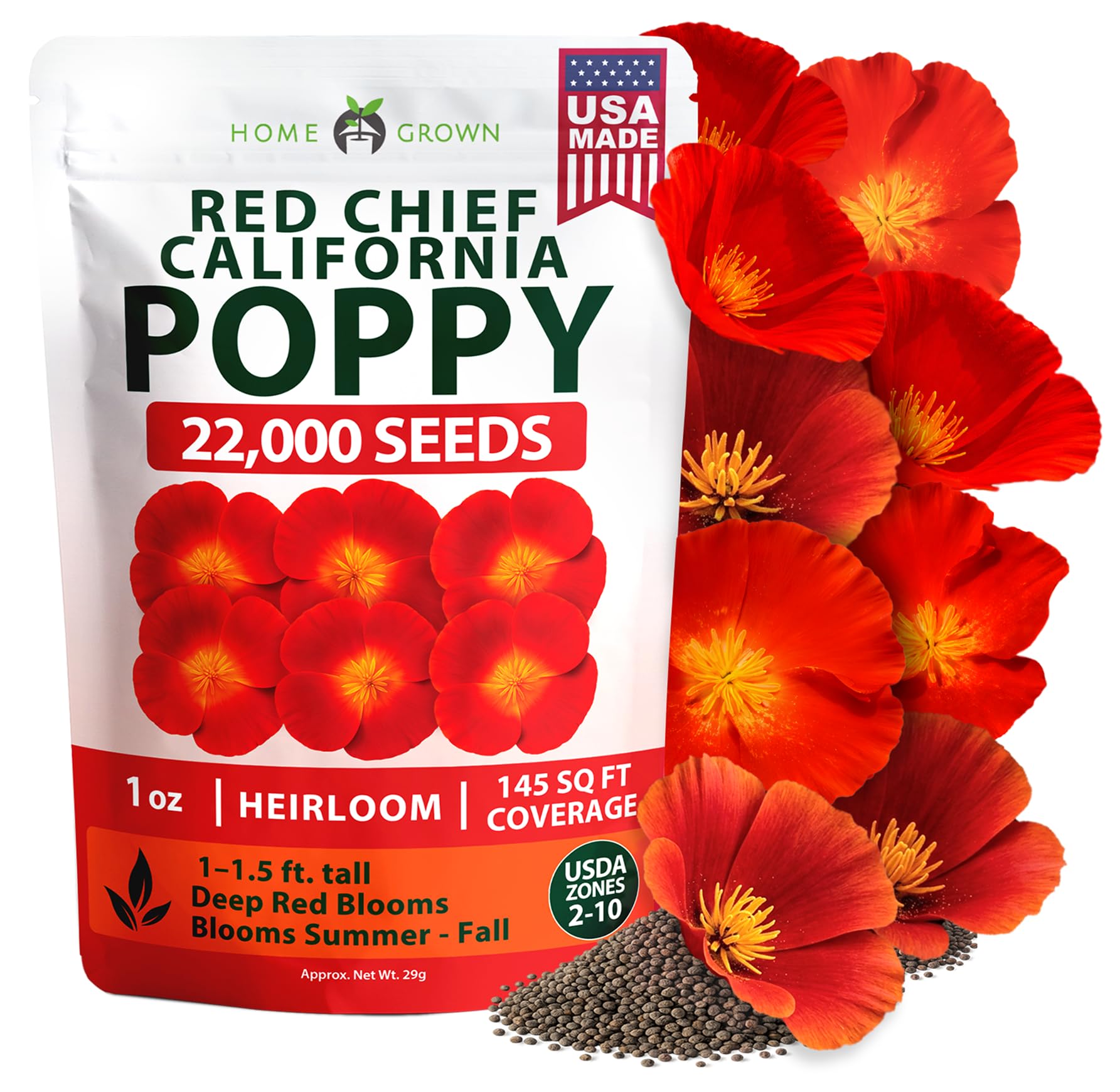 HOME GROWN Red Chief Poppy 22,000 Flower Seeds Eschscholzia californica