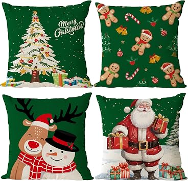YeeJu Set of 4 Christmas Pillow Covers 16x16 Inch Green Xmas Holiday Pillow Cases Outdoor Couch Sofa Cushion Covers16