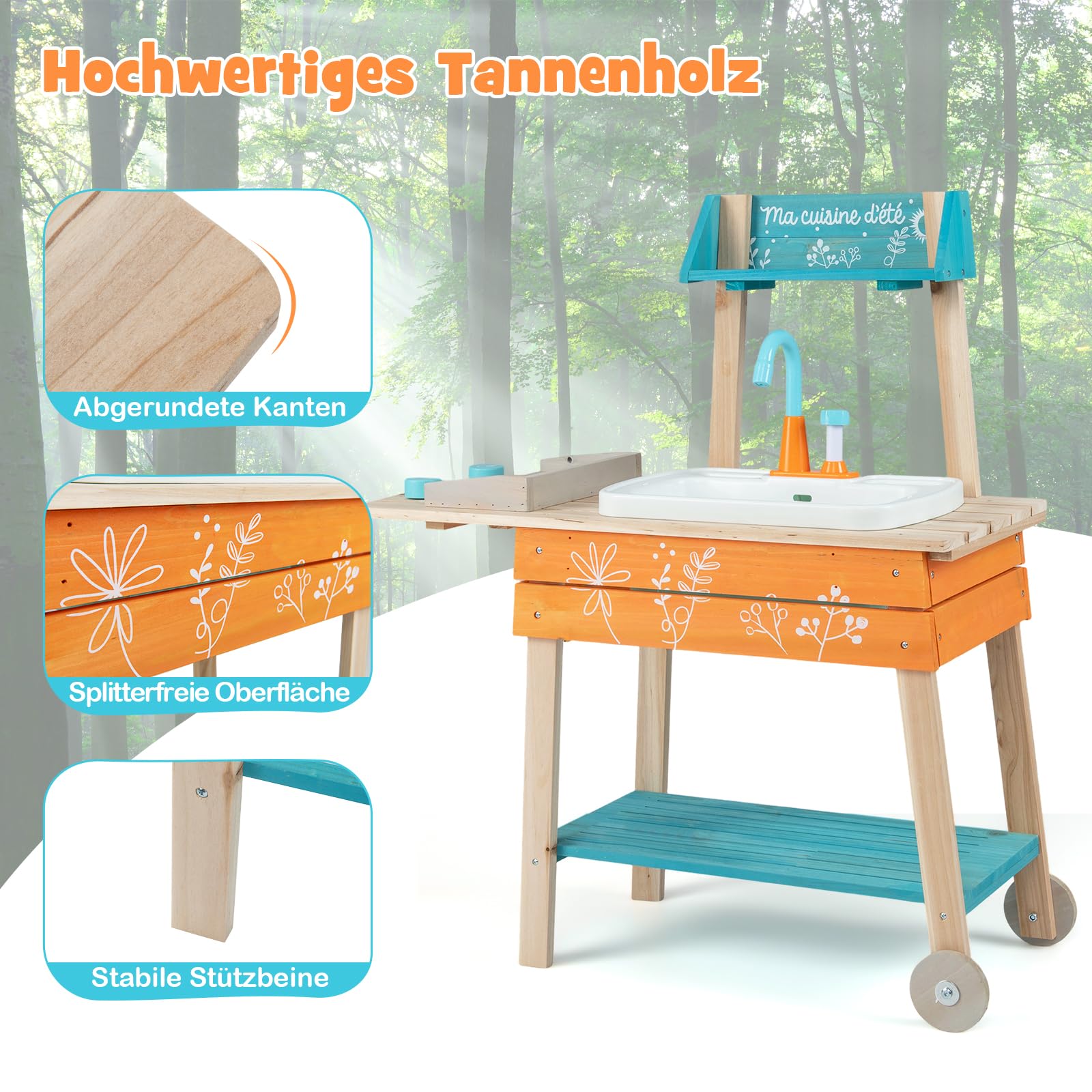 COSTWAY Matschküche Kinder Outdoor, Kinderküche Holz inkl. Spülbecken mit Wasserpumpfunktion, Gartenspielküche mit Grillrost, Outdoorküche für Kinder