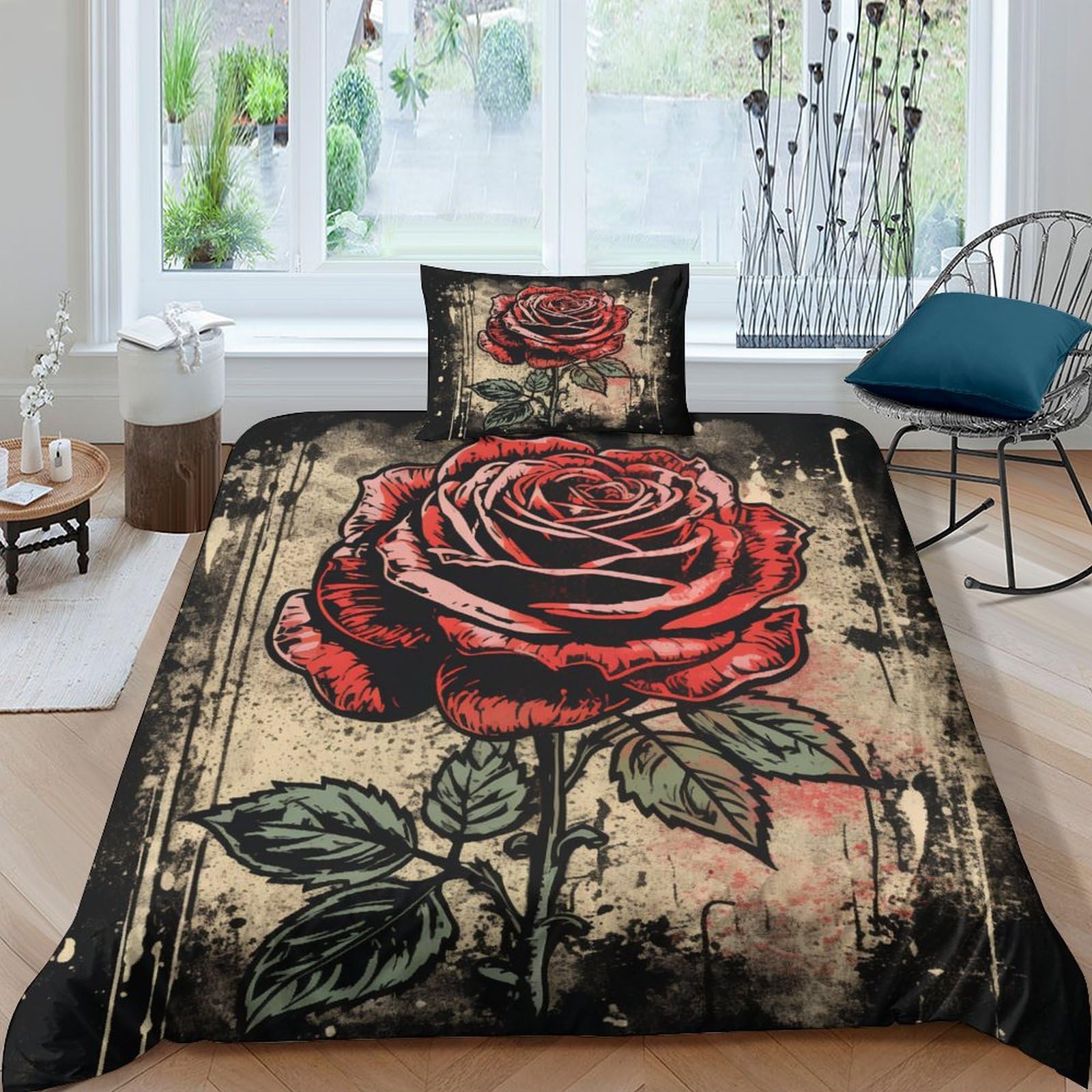 Housse de couette rose rouge 135x200cm rétro avec taies d'oreiller lit simple en microfibre