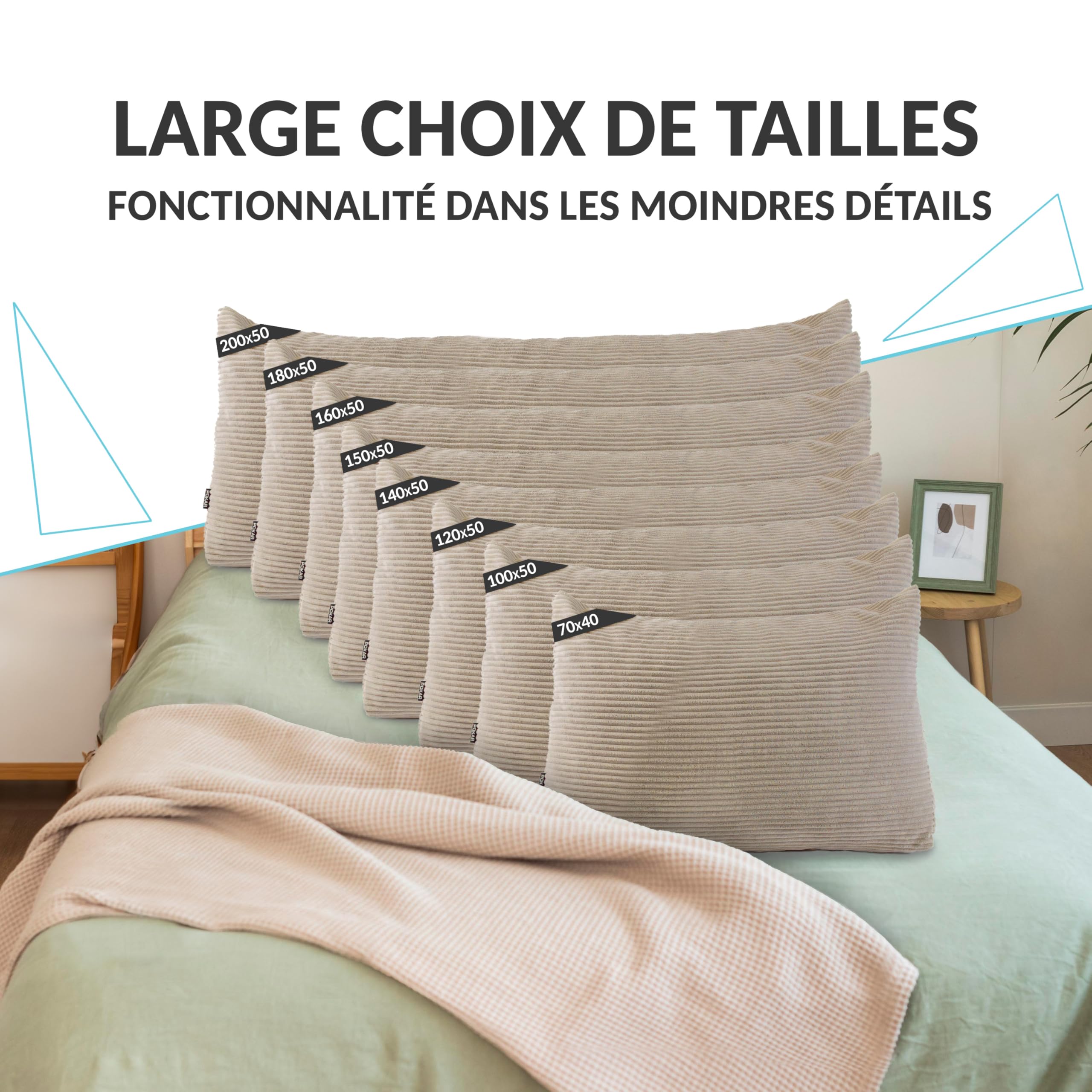 POKAR Coussin de Lecture 70x40x20 cm | Coussin Dossier Canapé en Velours Côtelé avec Poches Latérales | Grand Coussin de Dos pour Lit et Canapé | Certifié Oeko Tex | Beige