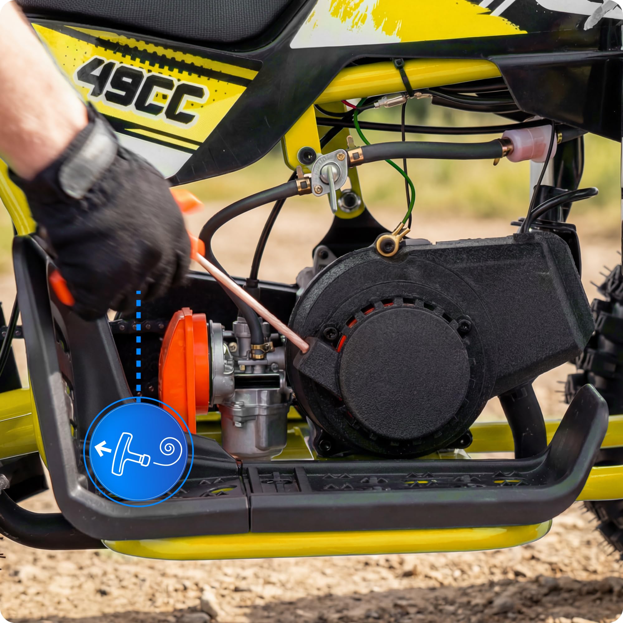 Mini quad 49cc Benzin ATV, 6 Zoll Offroad-Reifen, Scheibenbremsen, LED-Licht und Gepäckträger (GELB, Pull-Start, LED)