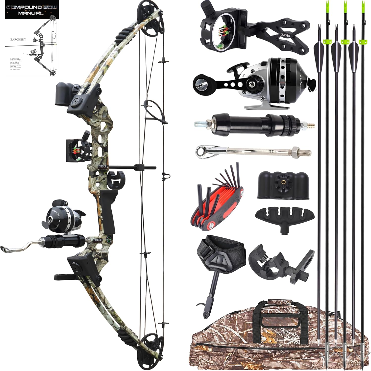 Bow Fishing Combo Kit 20-70 LBS Hunting Compound Bow Fishing Bow Set with Bowfishing Arrow and Fishing Reel for Bowfishing Archery Hunting Left & Right Handed