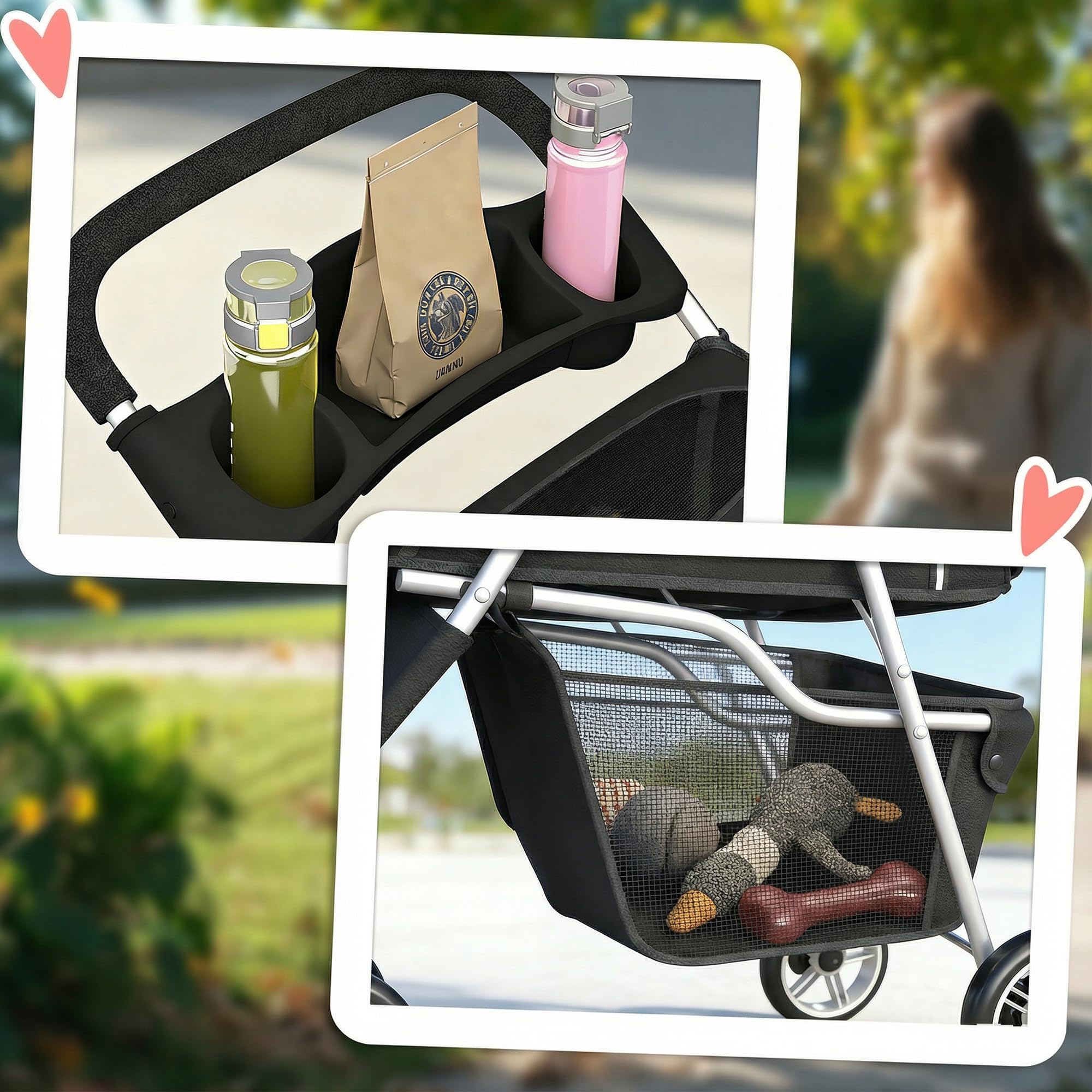 PawHut Hundewagen Hundebuggy Faltbar klappbar Katzenwagen bis 10kg mit Aufbewahrungskorb, Kissen, Netzfenster, Getränkehalter, 3 Räder, Aufbewahrungstasche, Haustierbuggy für kleine Hunde, Schwarz
