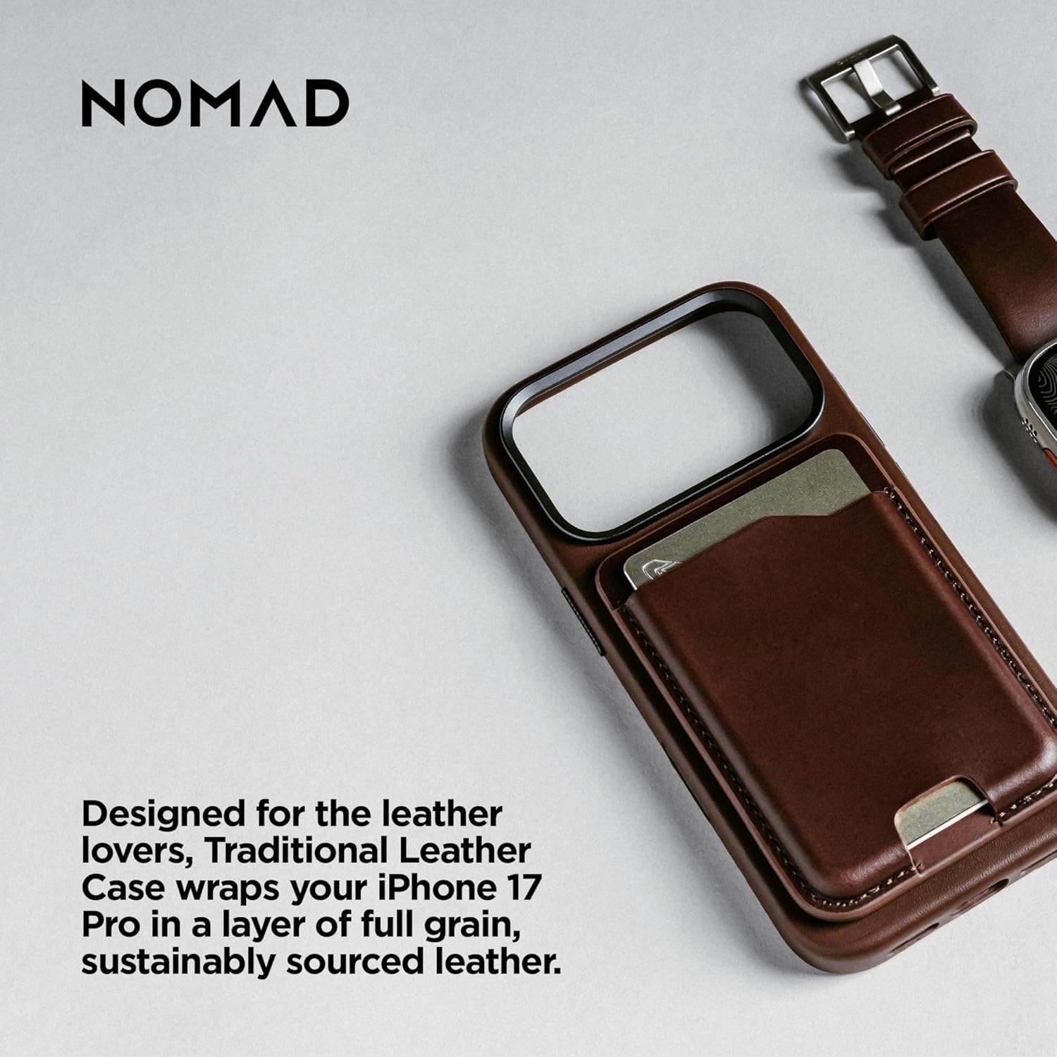 NOMAD Traditional Leather Case Brown Compatible with iPhone 17 Pro Leather Magsafe Charging Compatible Phone Case for iPhone 17 Pro